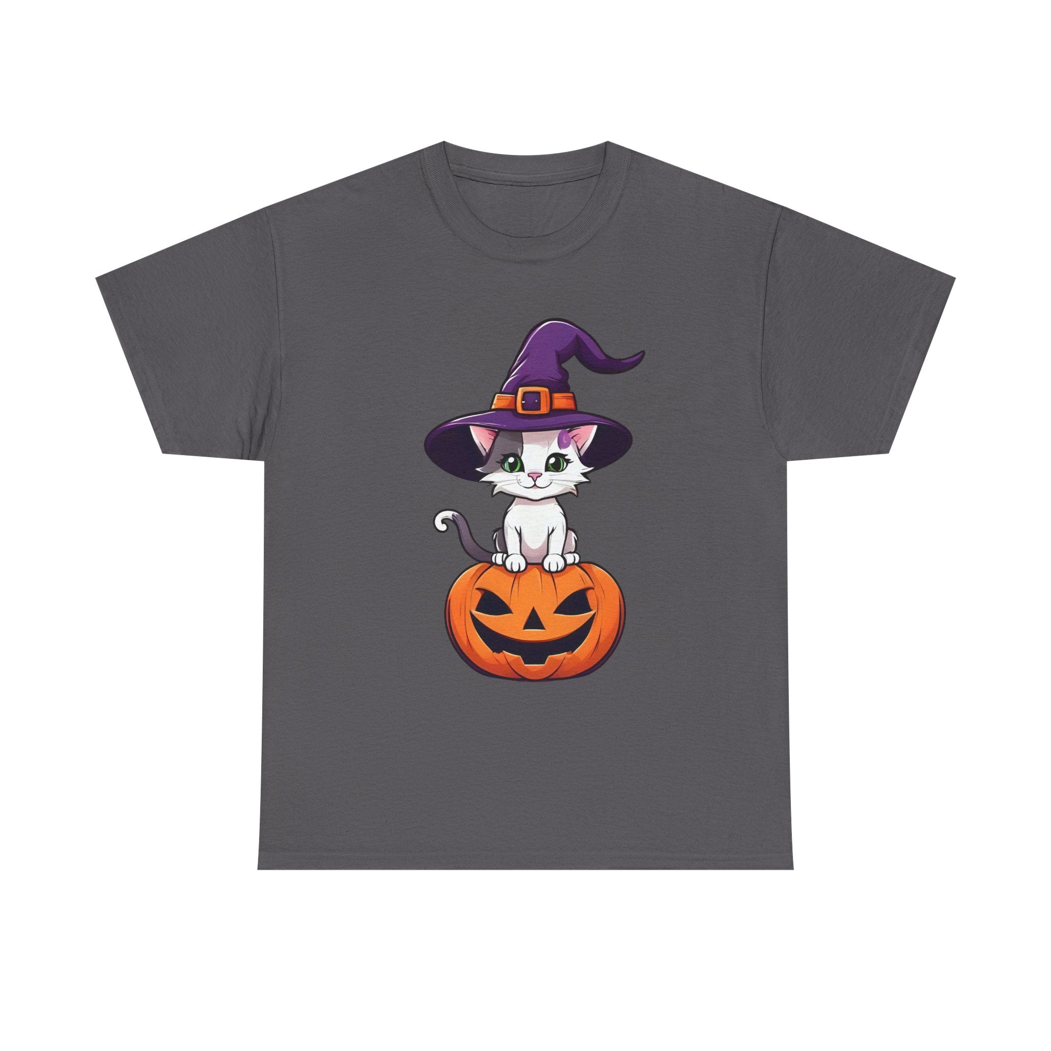 Halloween Kitten Tee, Witch Hat Cat Shirt, Pumpkin Cartoon Tshirt, Fall Season Unisex Top, Spooky Graphic Tee, Cute Animal Costume Apparel