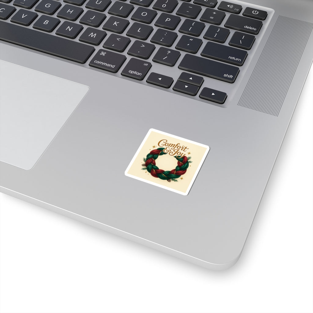 Comfort & Joy Wreath Sticker — Holiday Kiss-Cut Vinyl Sticker