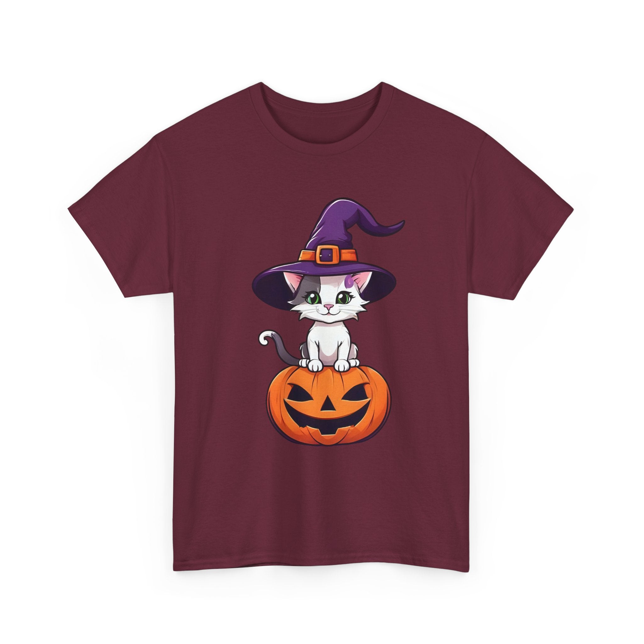 Halloween Kitten Tee, Witch Hat Cat Shirt, Pumpkin Cartoon Tshirt, Fall Season Unisex Top, Spooky Graphic Tee, Cute Animal Costume Apparel