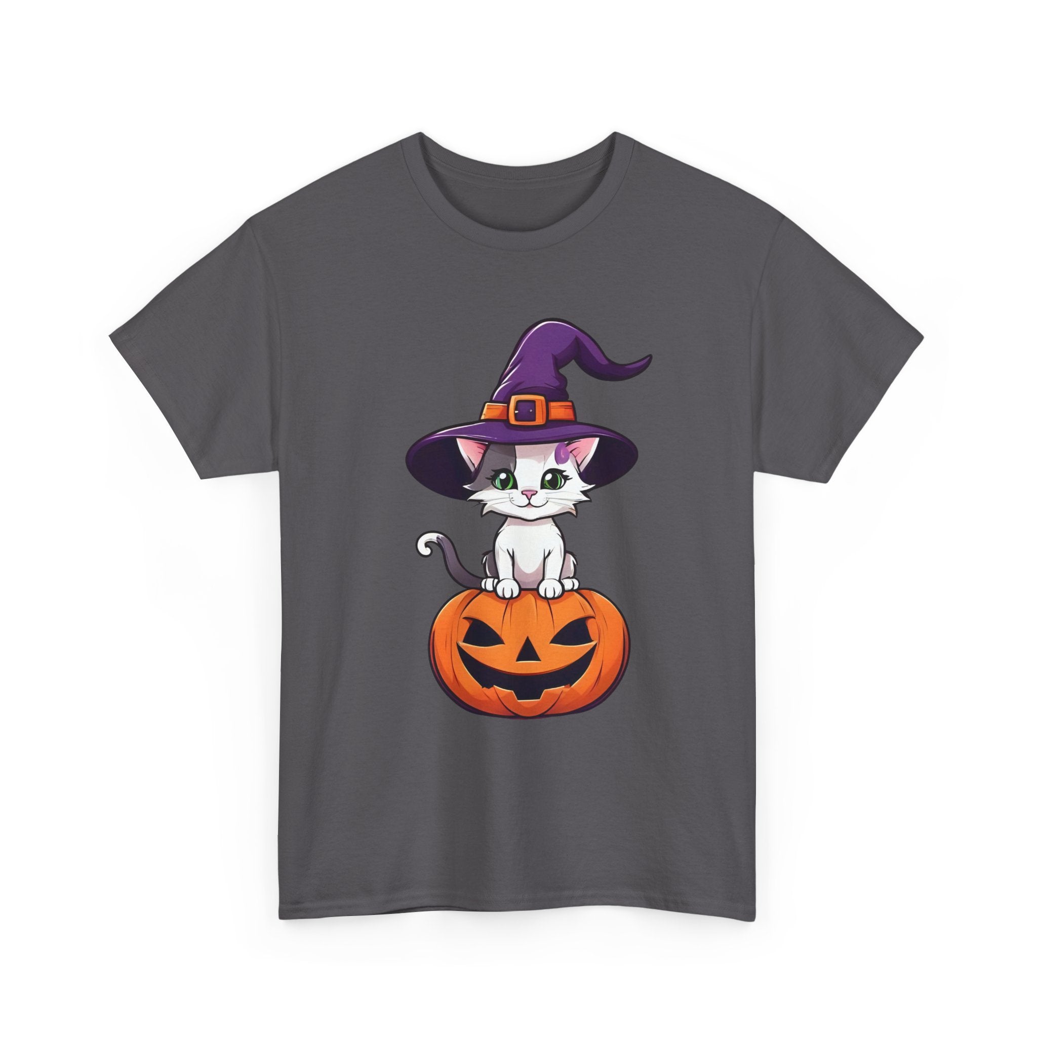 Halloween Kitten Tee, Witch Hat Cat Shirt, Pumpkin Cartoon Tshirt, Fall Season Unisex Top, Spooky Graphic Tee, Cute Animal Costume Apparel