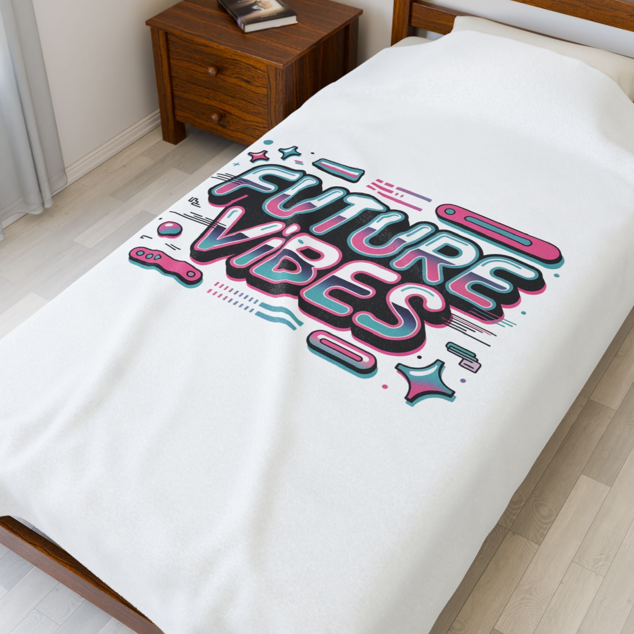 Future Vibes Velveteen Blanket | Y2K cyber holo retro tech chrome text