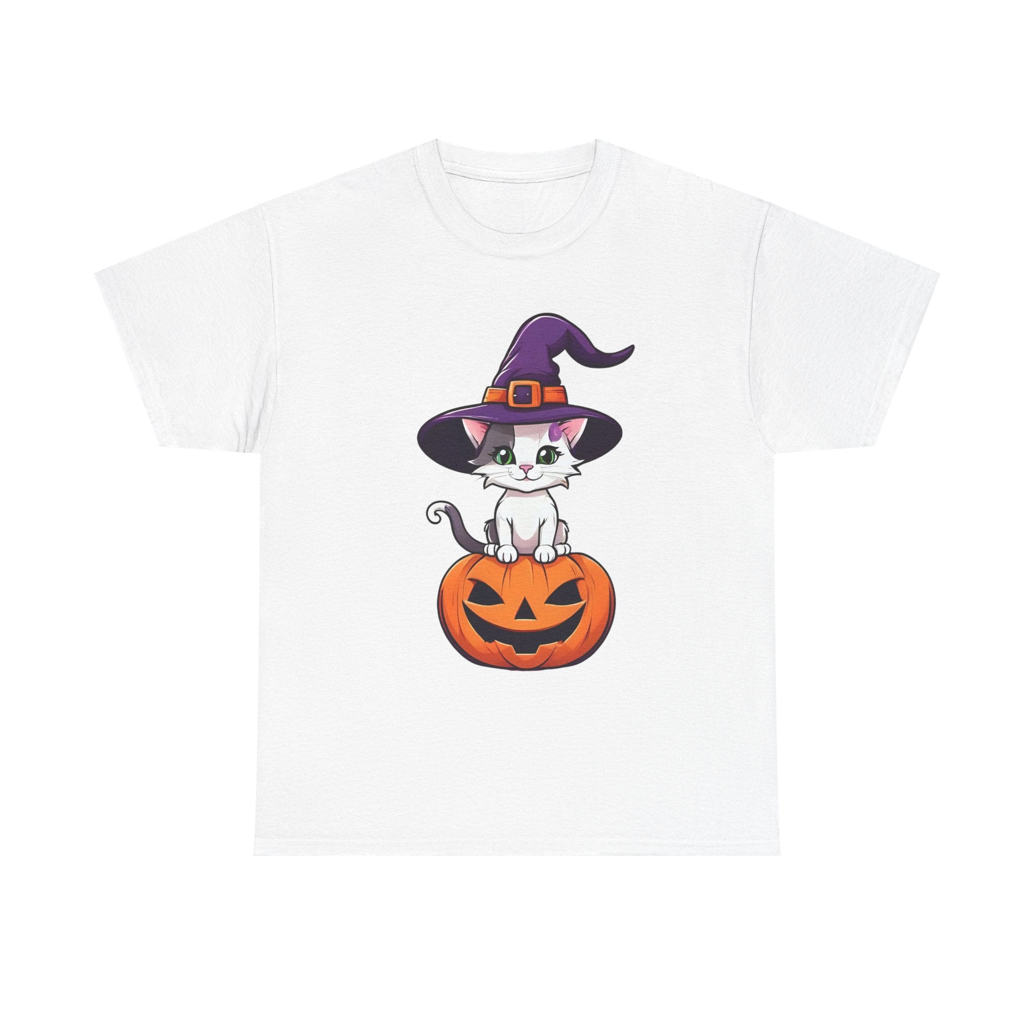 Halloween Kitten Tee, Witch Hat Cat Shirt, Pumpkin Cartoon Tshirt, Fall Season Unisex Top, Spooky Graphic Tee, Cute Animal Costume Apparel