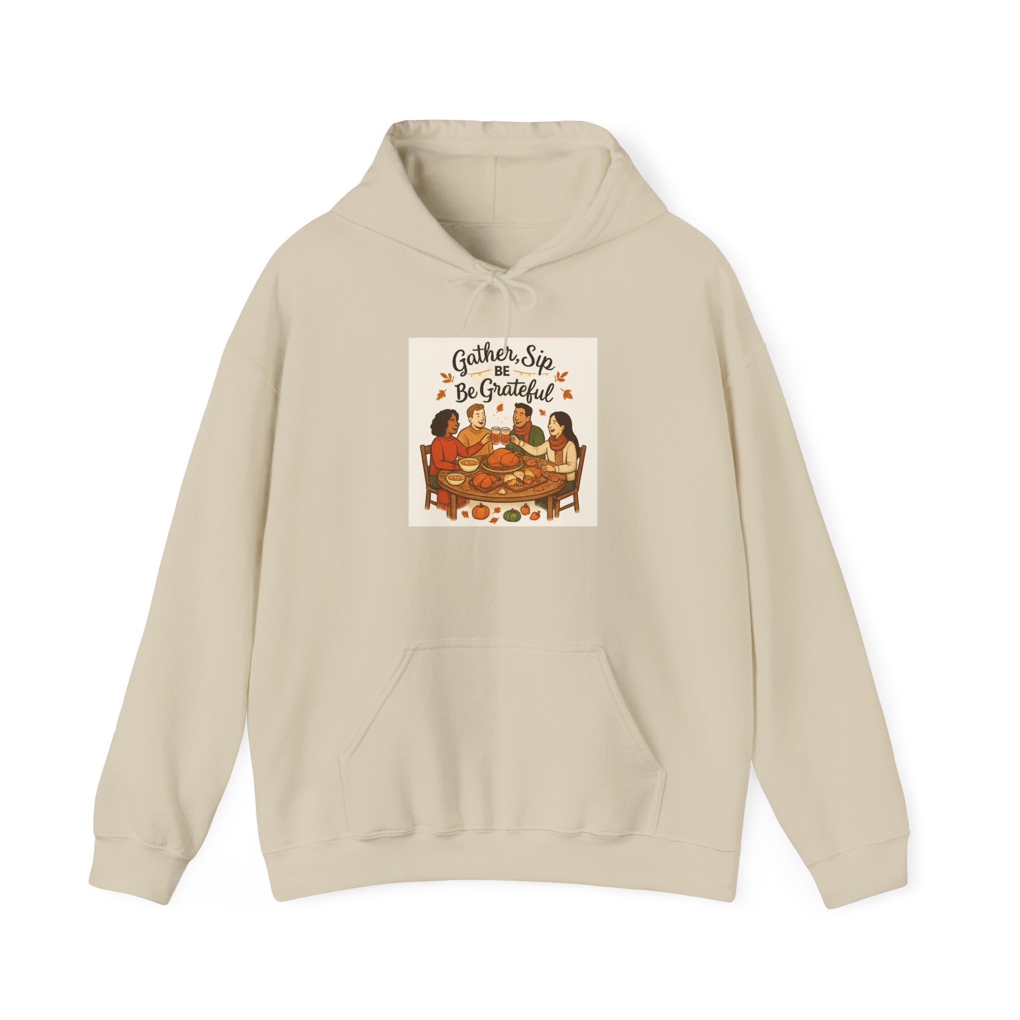 Thanksgiving Hoodie — "Gather, Sip & Be Grateful" Pilgrim Family Holiday Sweatshirt
