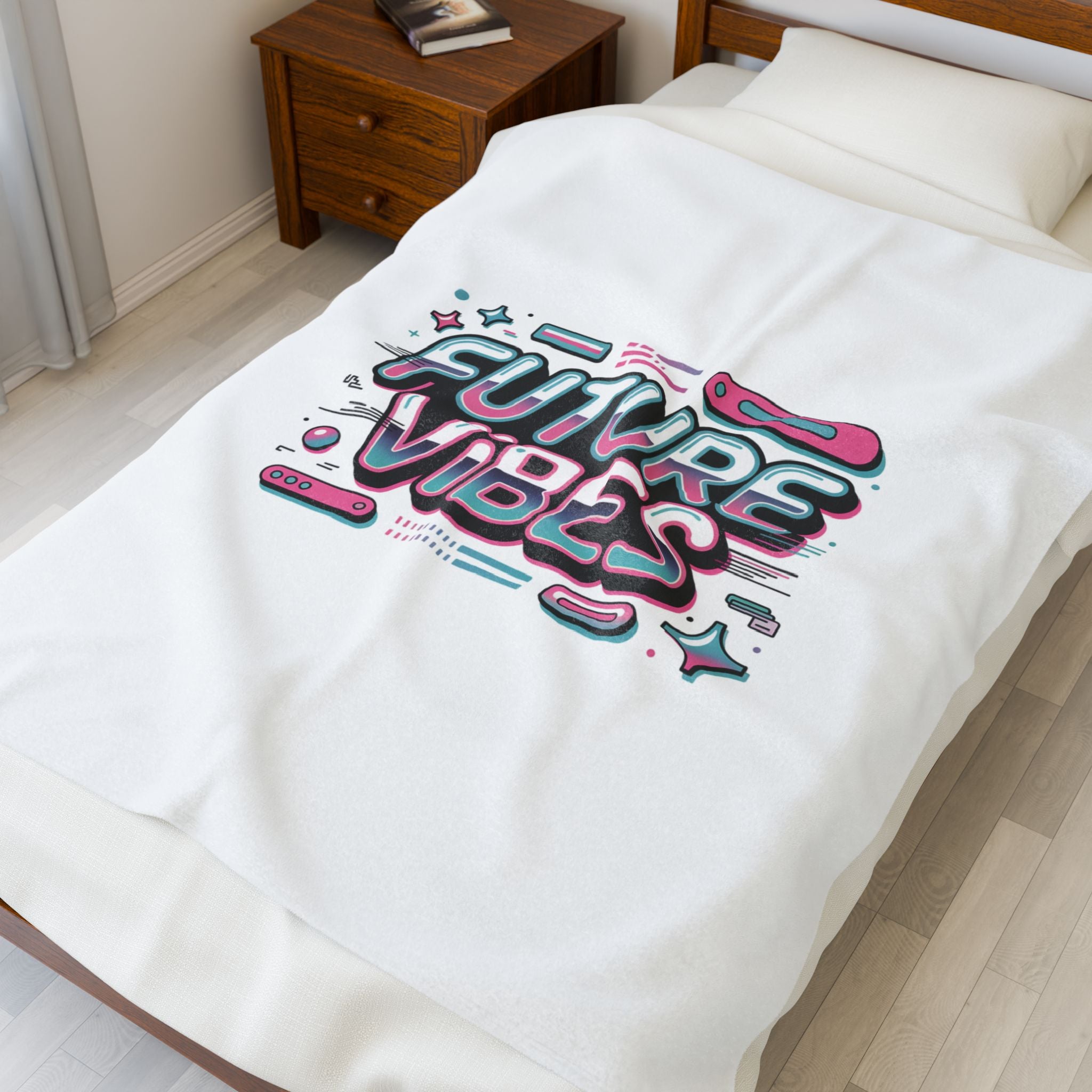 Future Vibes Velveteen Blanket | Y2K cyber holo retro tech chrome text