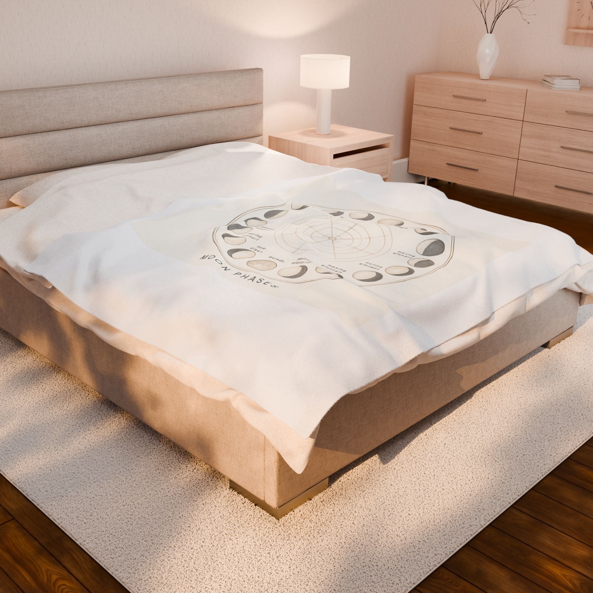 Moon Phases Velveteen Plush Blanket — Lunar Cycle Chart Throw for Astrology Lovers