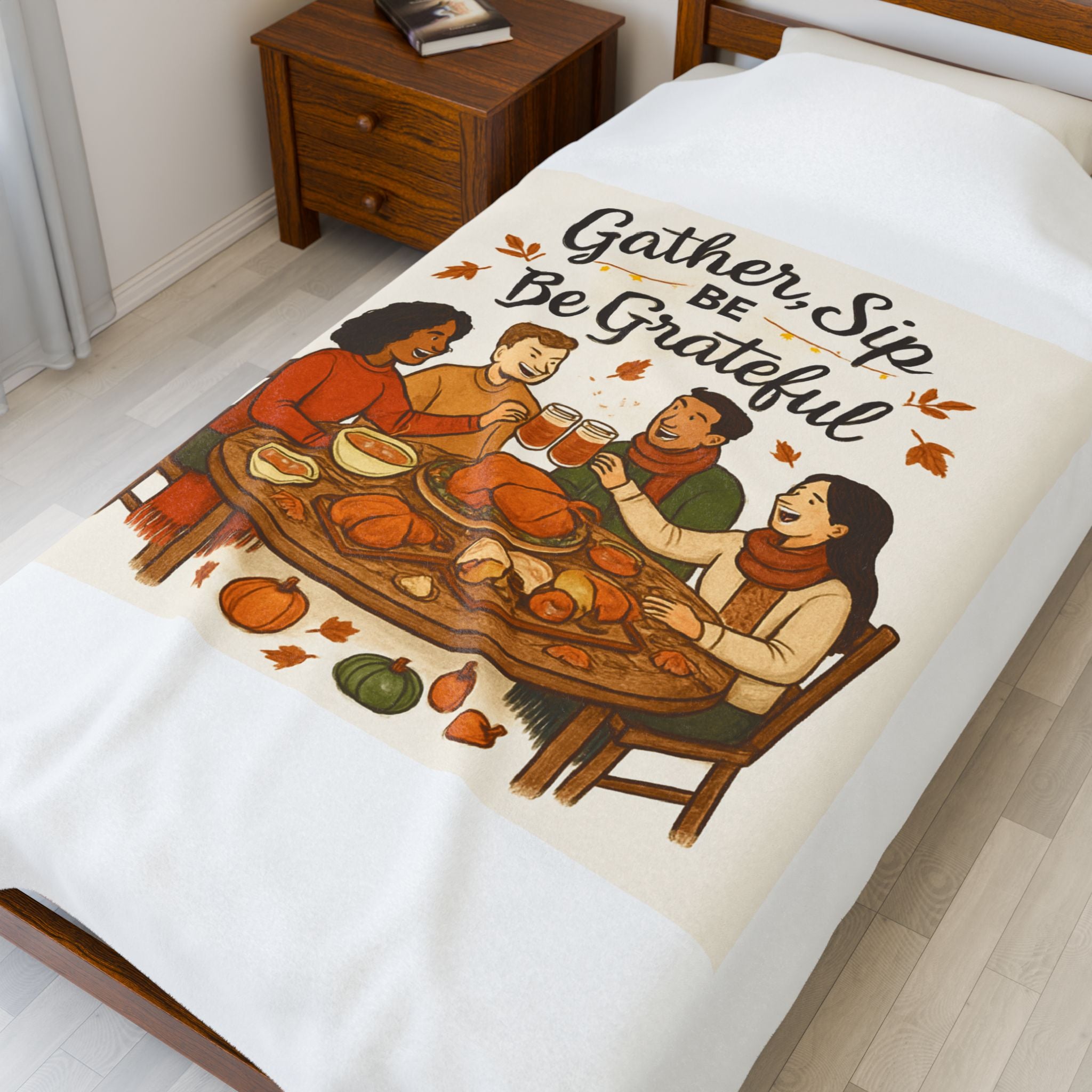 Thanksgiving Velveteen Plush Blanket — "Gather, Sip, Be Grateful" Cozy Holiday Throw