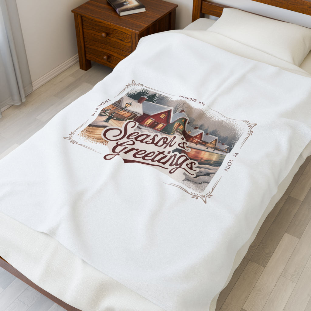 Season's Greetings Vintage Postcard Velveteen Blanket | Retro Christmas, sepia holiday