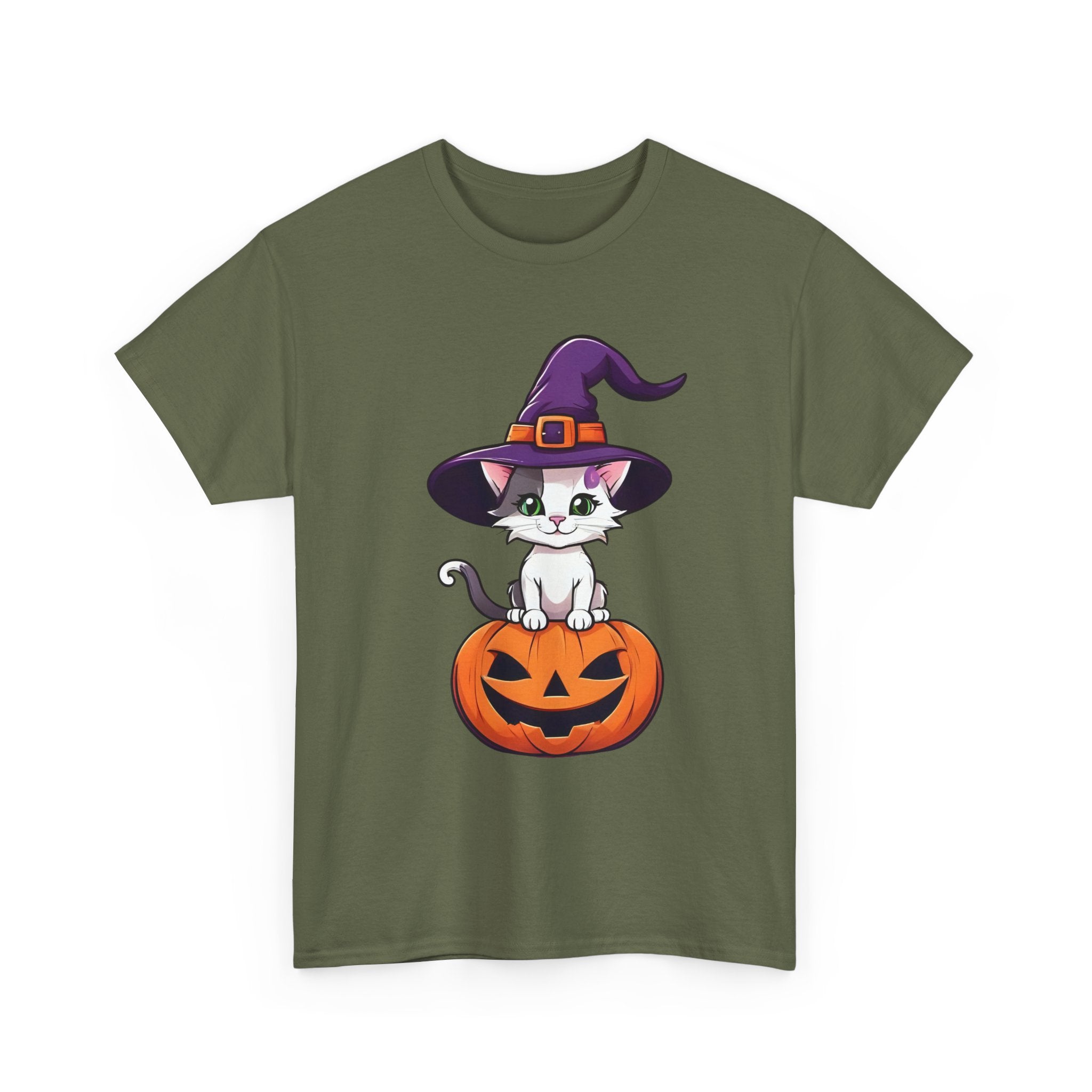 Halloween Kitten Tee, Witch Hat Cat Shirt, Pumpkin Cartoon Tshirt, Fall Season Unisex Top, Spooky Graphic Tee, Cute Animal Costume Apparel