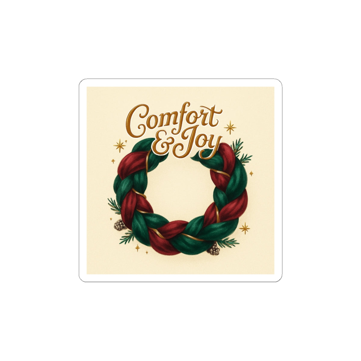 Comfort & Joy Wreath Sticker — Holiday Kiss-Cut Vinyl Sticker