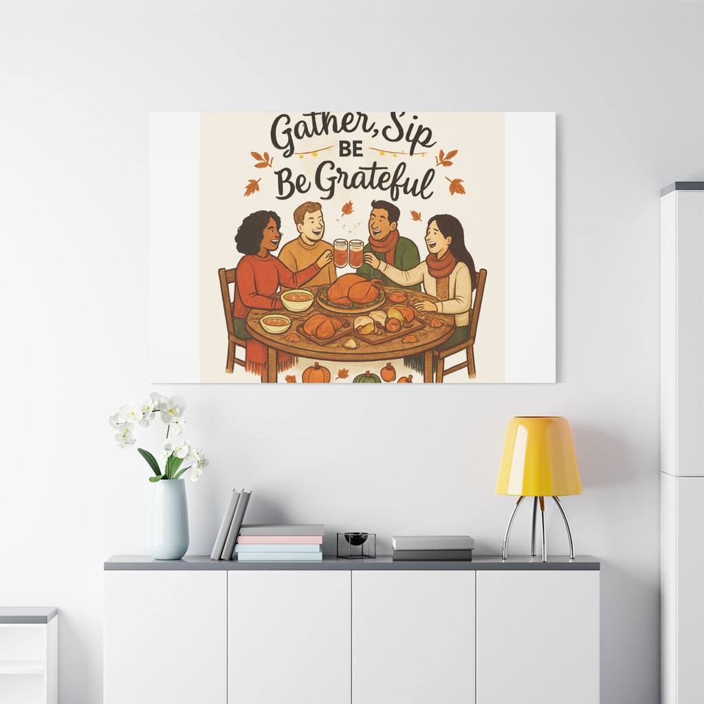 Gather, Sip, Be Grateful Canvas — Thanksgiving Wall Art