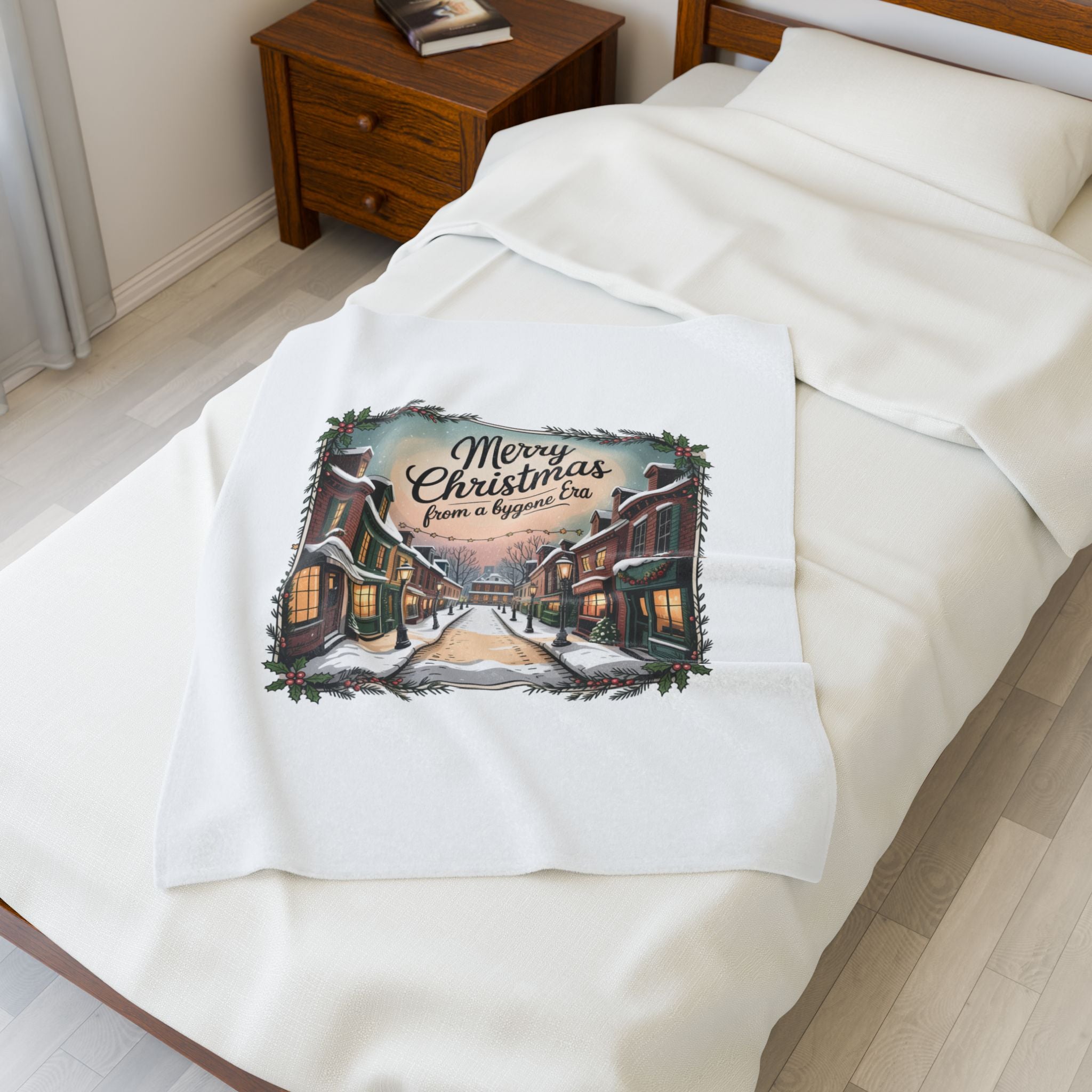 Vintage Christmas Postcard Velveteen Blanket | Retro Holiday Card Design
