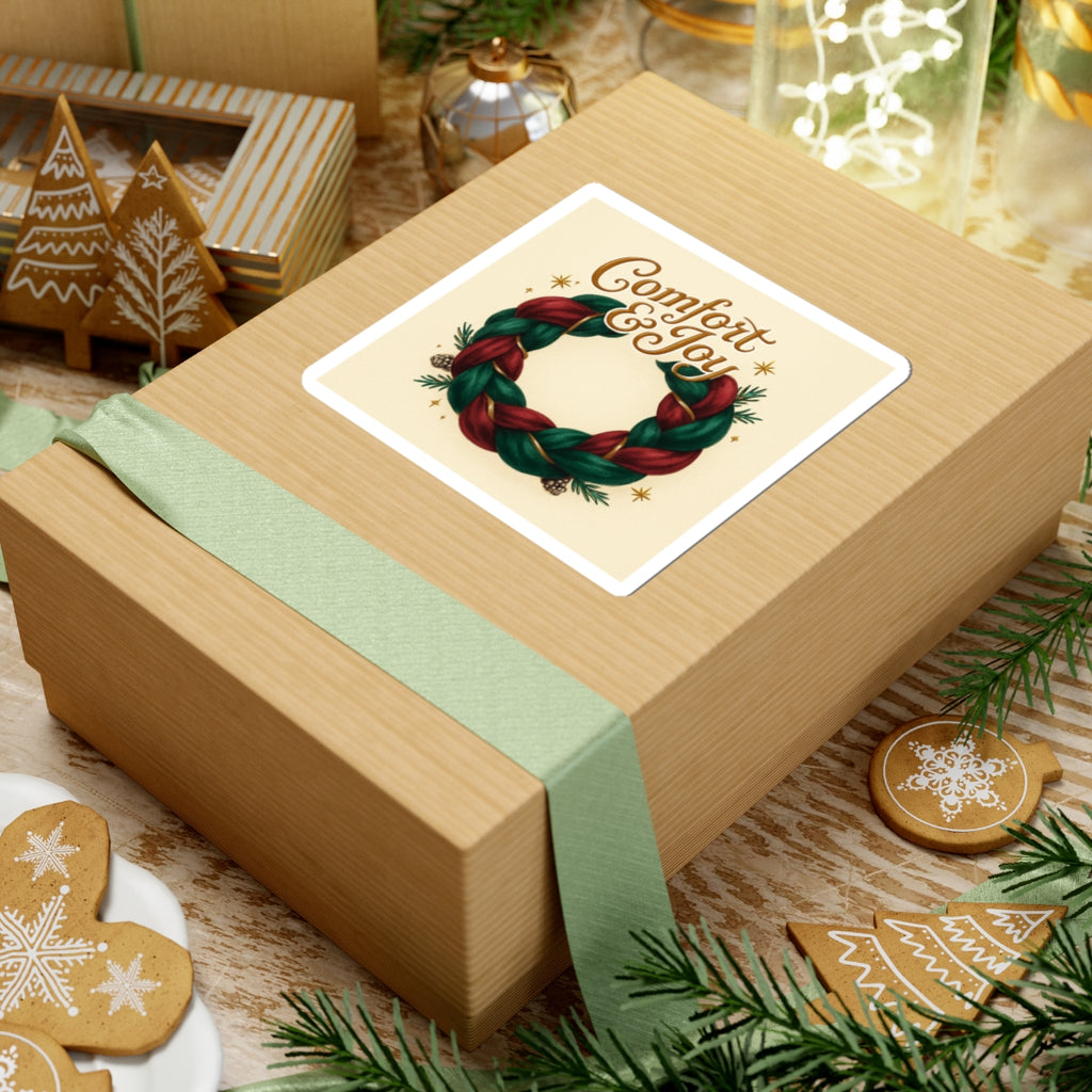 Comfort & Joy Wreath Sticker — Holiday Kiss-Cut Vinyl Sticker