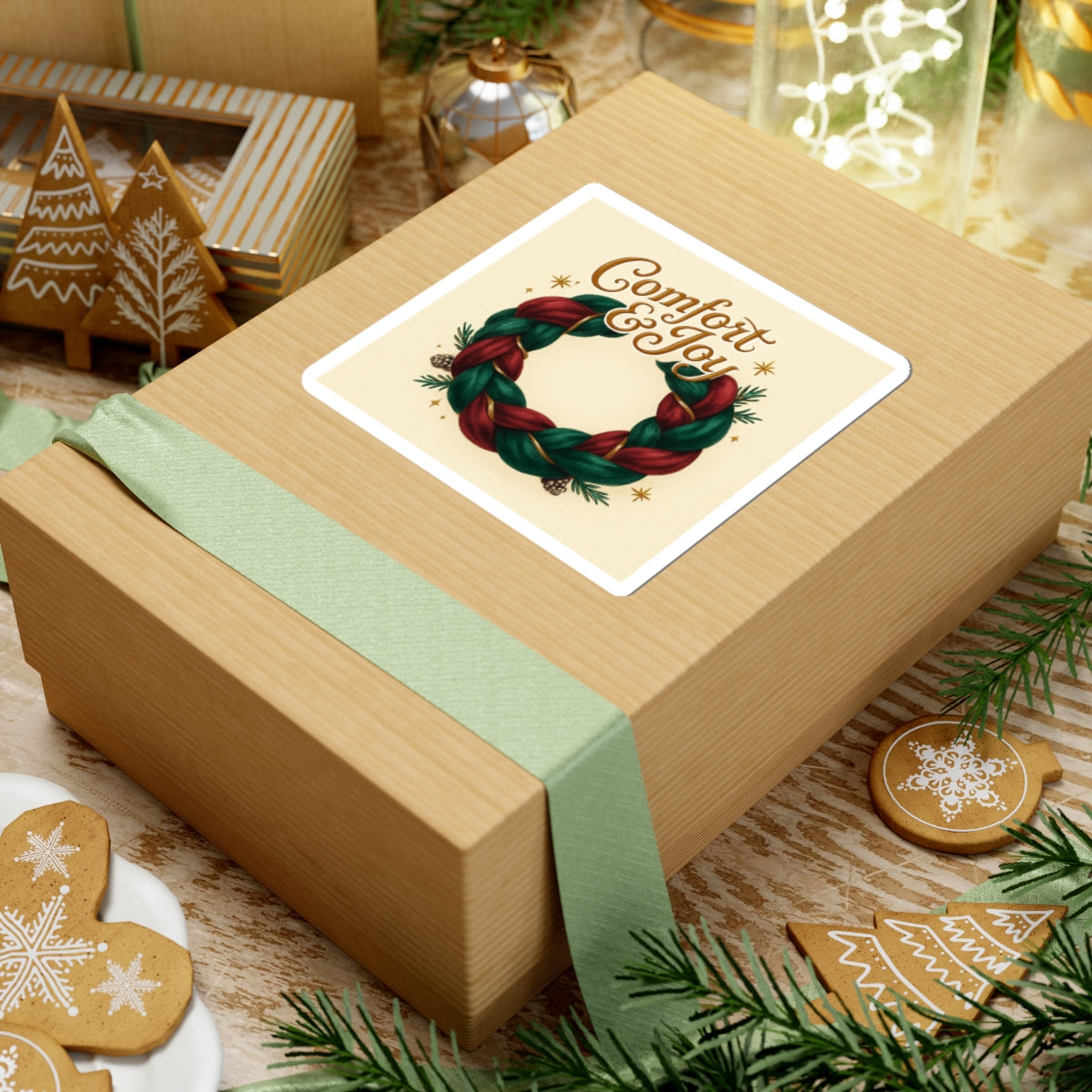 Comfort & Joy Wreath Sticker — Holiday Kiss-Cut Vinyl Sticker