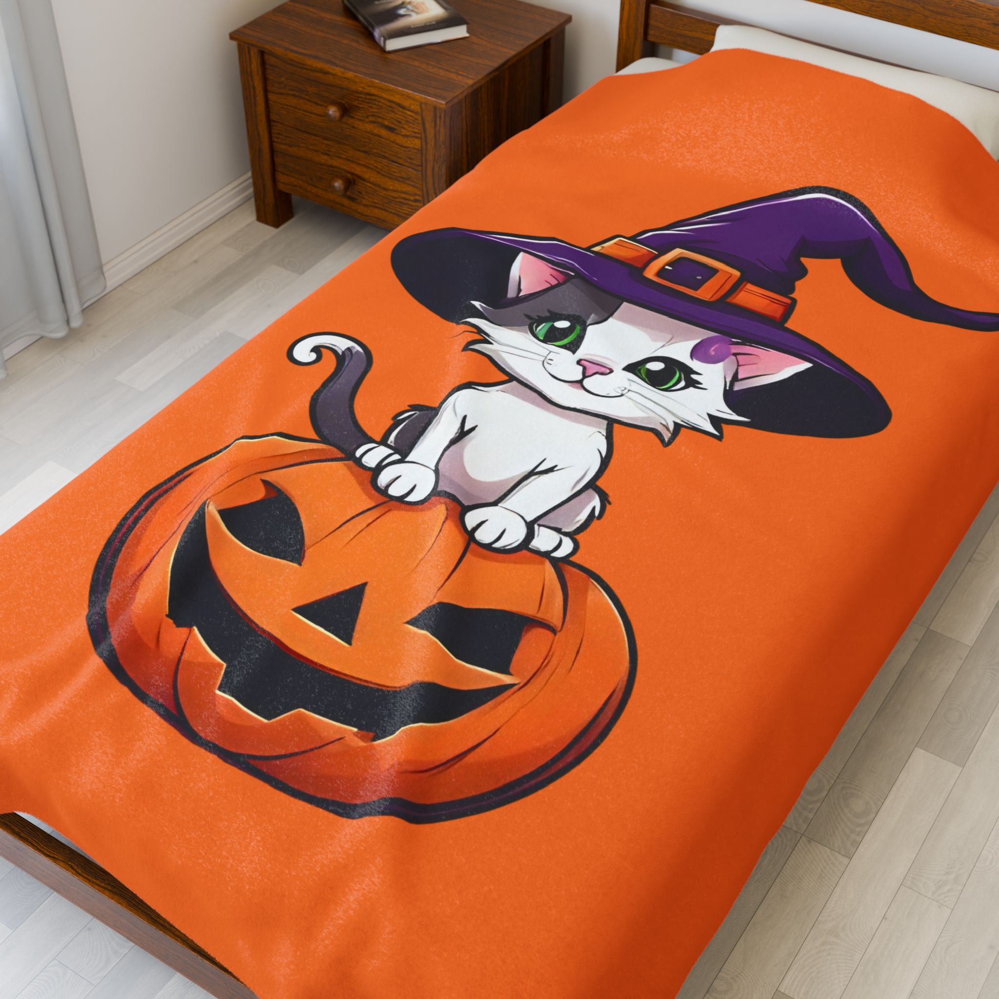 Halloween Cat Plush Blanket, Cozy Décor, Gift for Cat Lovers, Fall Home Essentials, Pumpkin Spice Vibes, Soft Throw
