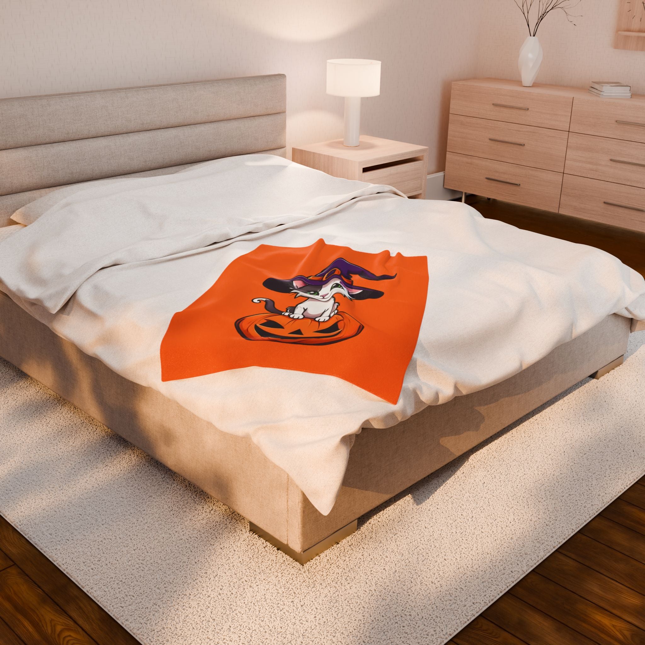 Halloween Cat Plush Blanket, Cozy Décor, Gift for Cat Lovers, Fall Home Essentials, Pumpkin Spice Vibes, Soft Throw