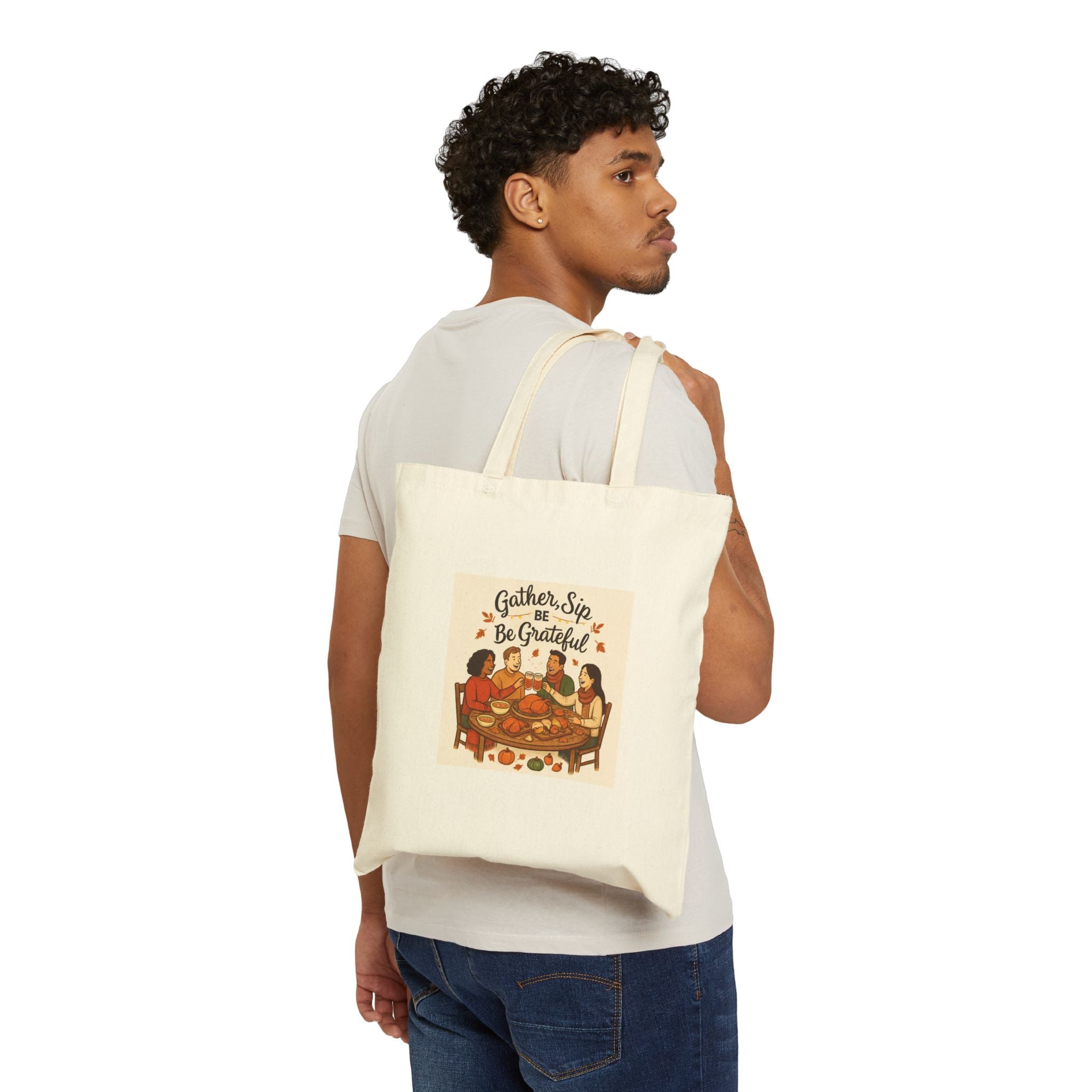 Thankful Gathering Tote Bag — "Gather, Sip & Be Grateful" Canvas Tote