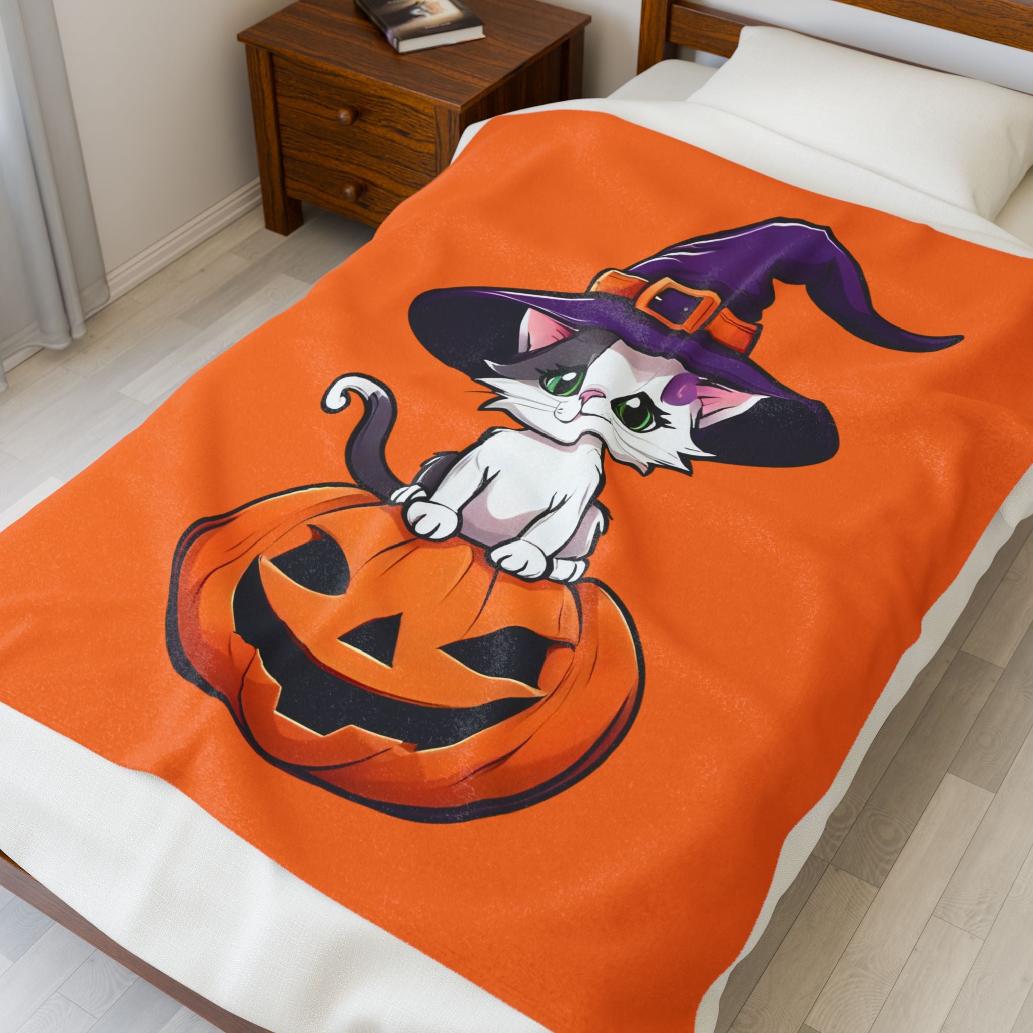 Halloween Cat Plush Blanket, Cozy Décor, Gift for Cat Lovers, Fall Home Essentials, Pumpkin Spice Vibes, Soft Throw