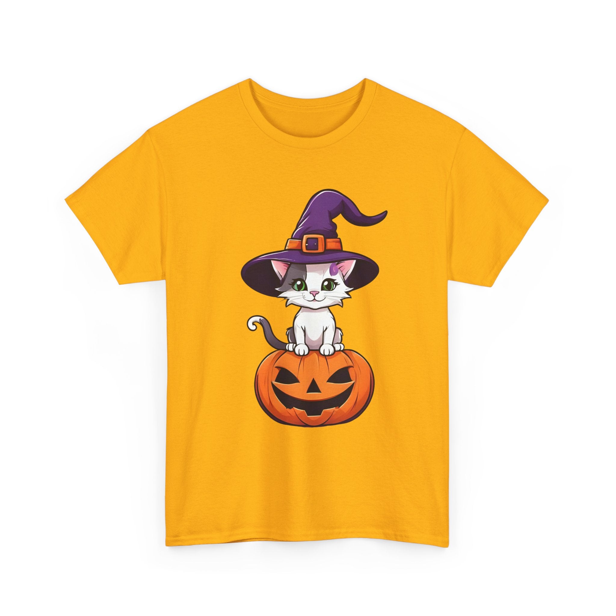 Halloween Kitten Tee, Witch Hat Cat Shirt, Pumpkin Cartoon Tshirt, Fall Season Unisex Top, Spooky Graphic Tee, Cute Animal Costume Apparel