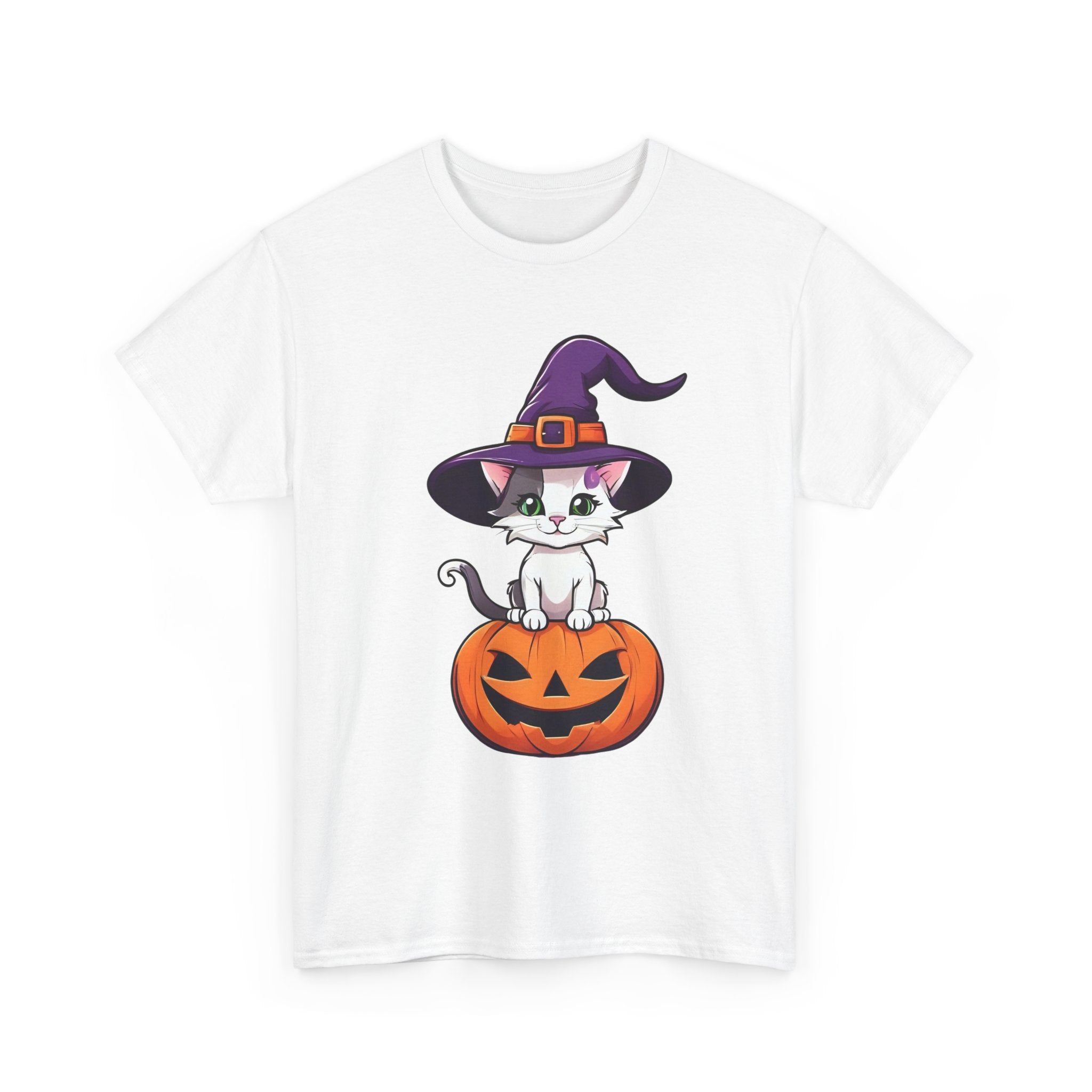 Halloween Kitten Tee, Witch Hat Cat Shirt, Pumpkin Cartoon Tshirt, Fall Season Unisex Top, Spooky Graphic Tee, Cute Animal Costume Apparel