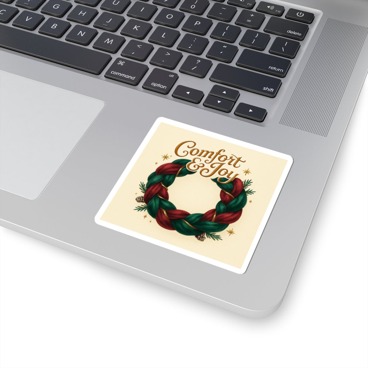 Comfort & Joy Wreath Sticker — Holiday Kiss-Cut Vinyl Sticker