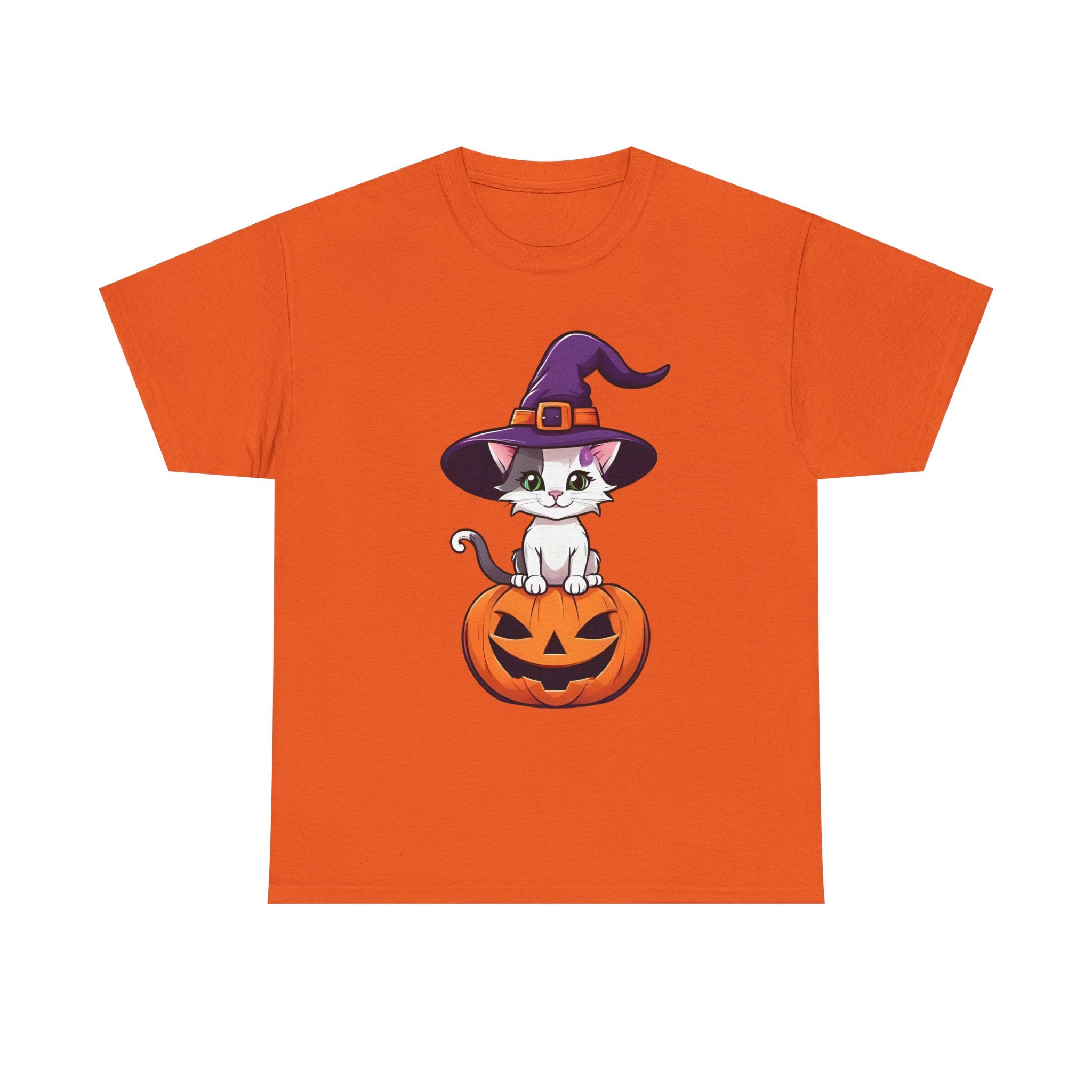Halloween Kitten Tee, Witch Hat Cat Shirt, Pumpkin Cartoon Tshirt, Fall Season Unisex Top, Spooky Graphic Tee, Cute Animal Costume Apparel