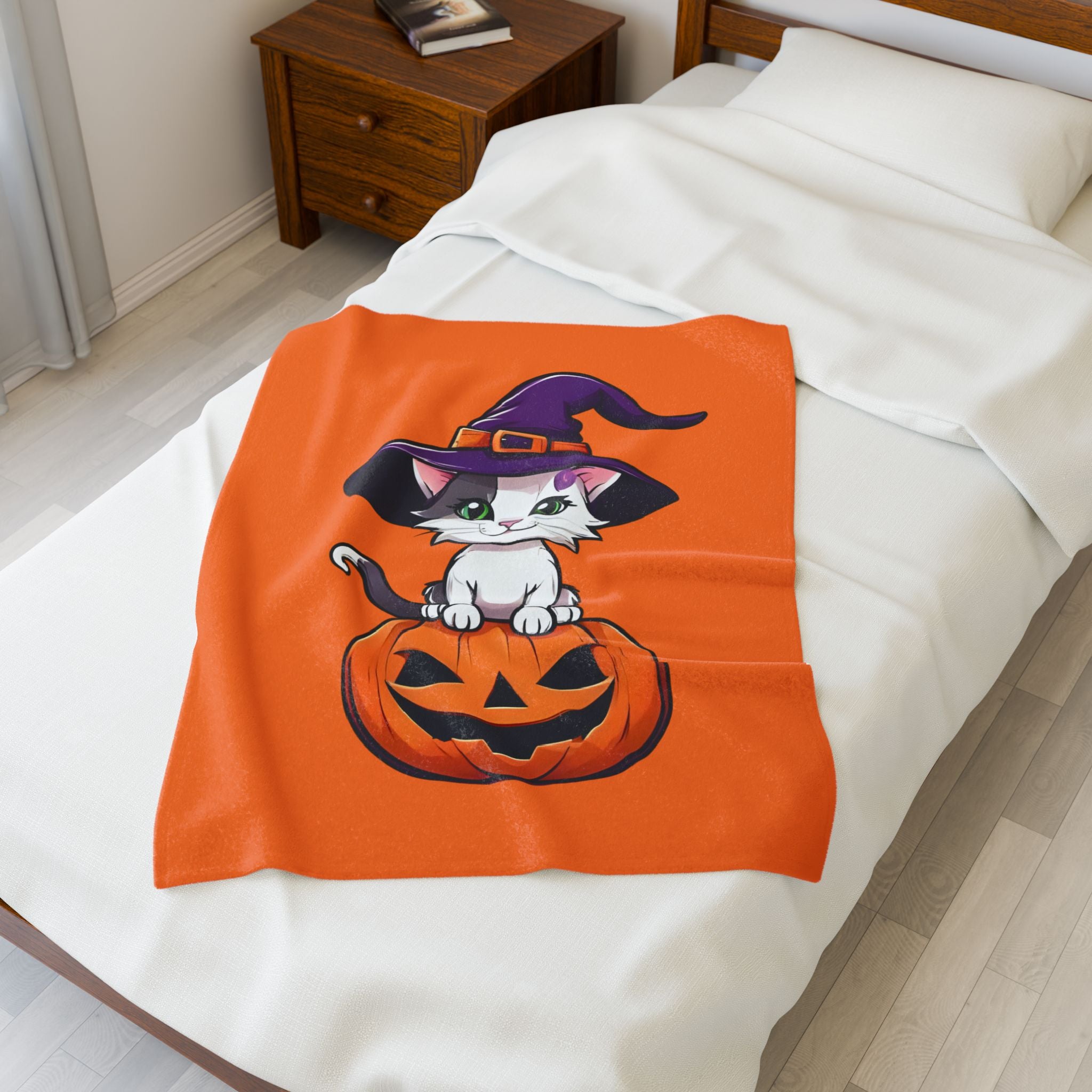 Halloween Cat Plush Blanket, Cozy Décor, Gift for Cat Lovers, Fall Home Essentials, Pumpkin Spice Vibes, Soft Throw