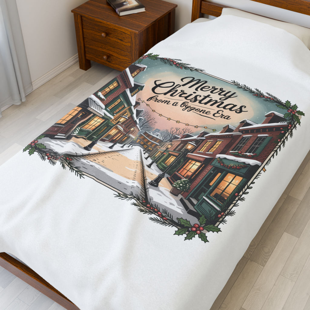 Vintage Christmas Postcard Velveteen Blanket | Retro Holiday Card Design