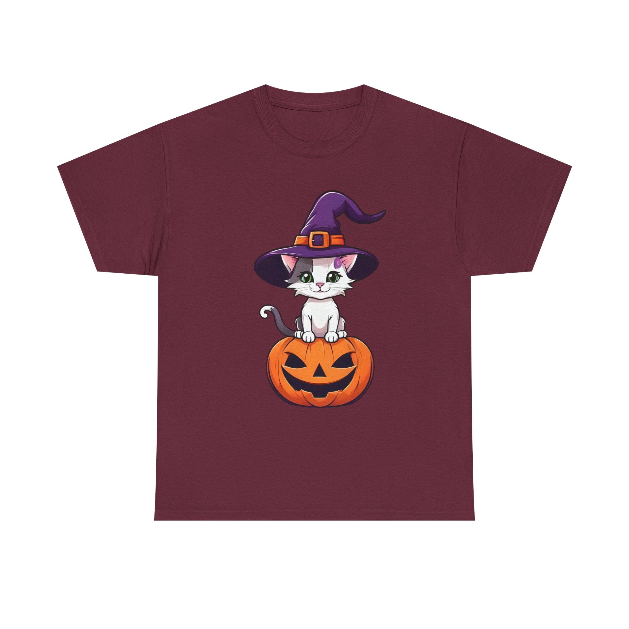 Halloween Kitten Tee, Witch Hat Cat Shirt, Pumpkin Cartoon Tshirt, Fall Season Unisex Top, Spooky Graphic Tee, Cute Animal Costume Apparel