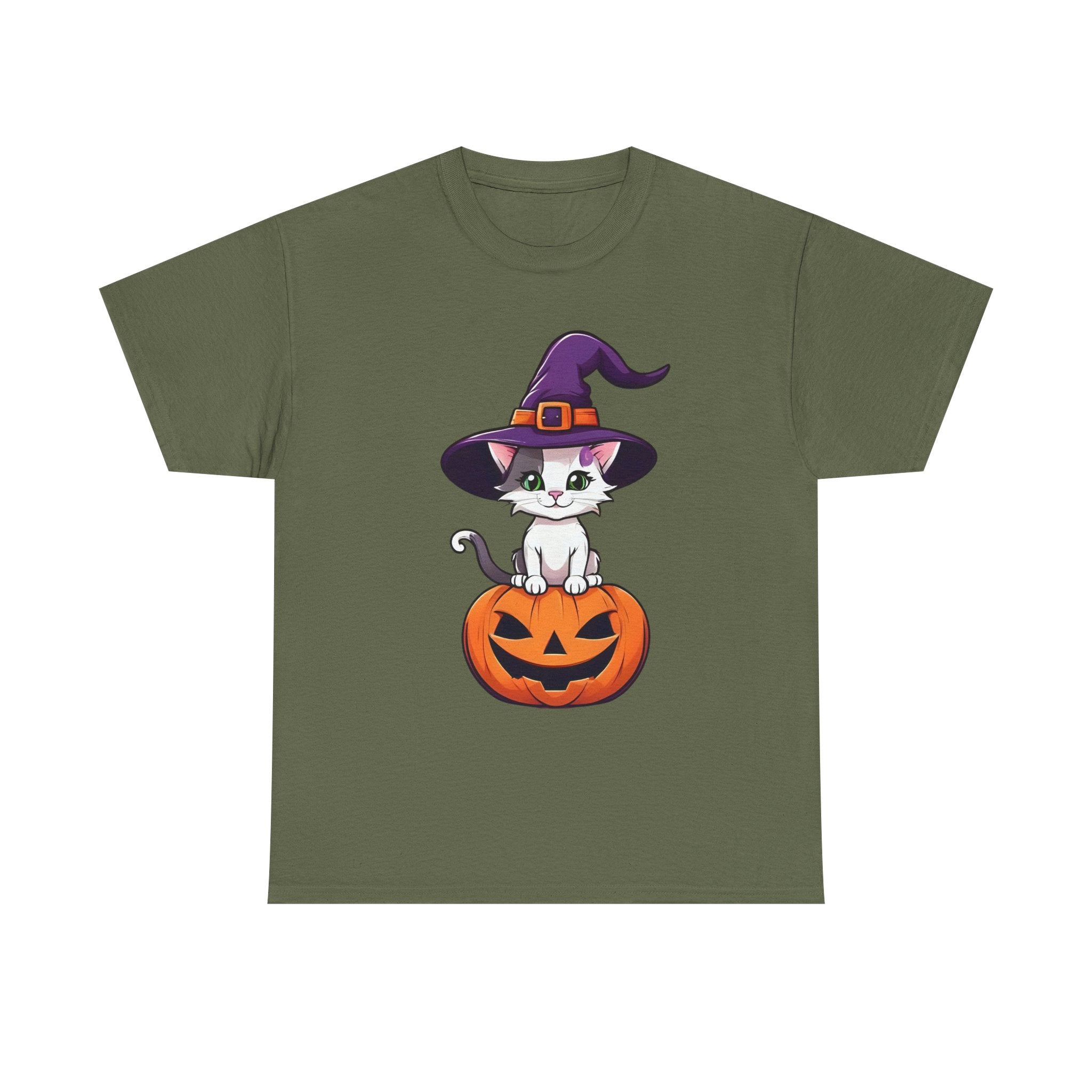 Halloween Kitten Tee, Witch Hat Cat Shirt, Pumpkin Cartoon Tshirt, Fall Season Unisex Top, Spooky Graphic Tee, Cute Animal Costume Apparel