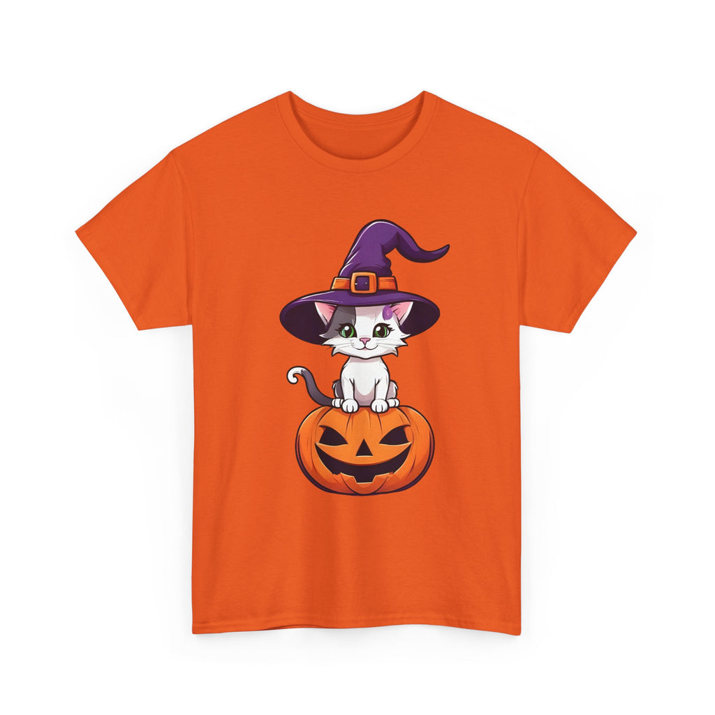 Halloween Kitten Tee, Witch Hat Cat Shirt, Pumpkin Cartoon Tshirt, Fall Season Unisex Top, Spooky Graphic Tee, Cute Animal Costume Apparel