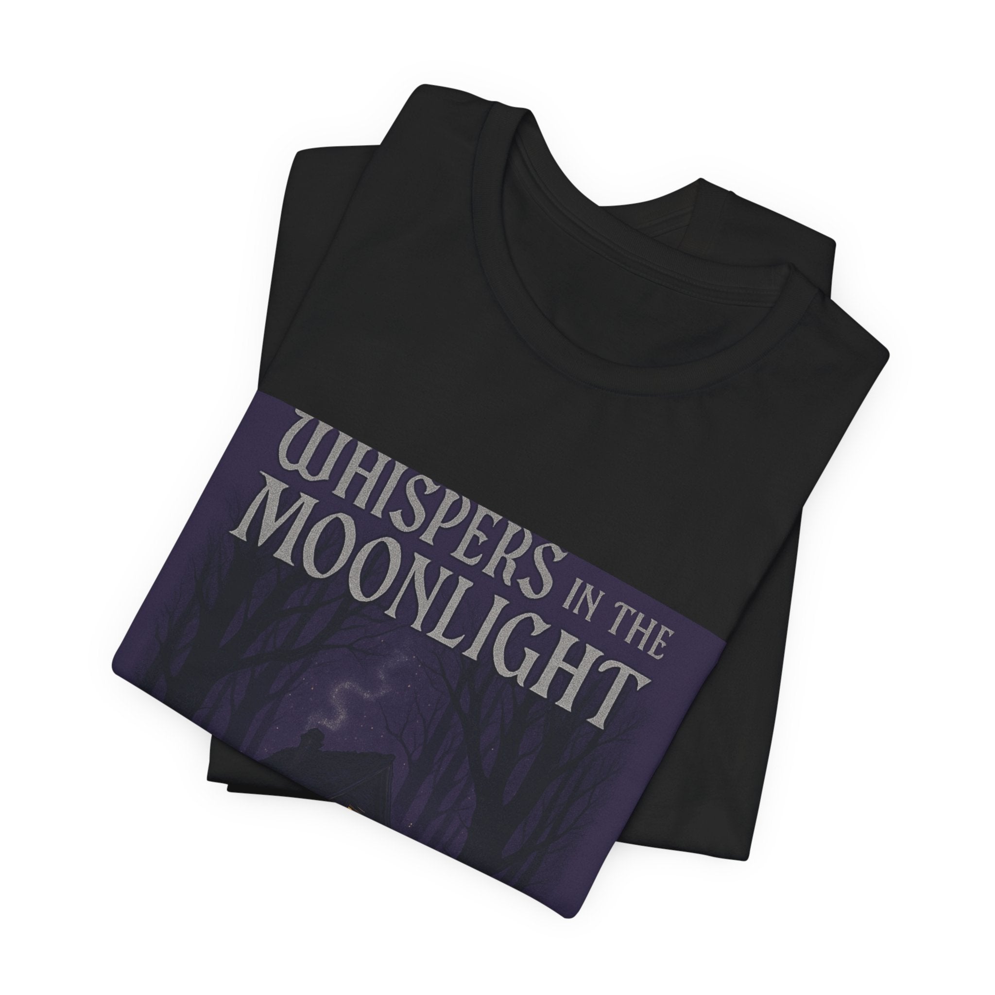 Whispers in the Moonlight Tee — Haunted Cabin Night Graphic T-Shirt