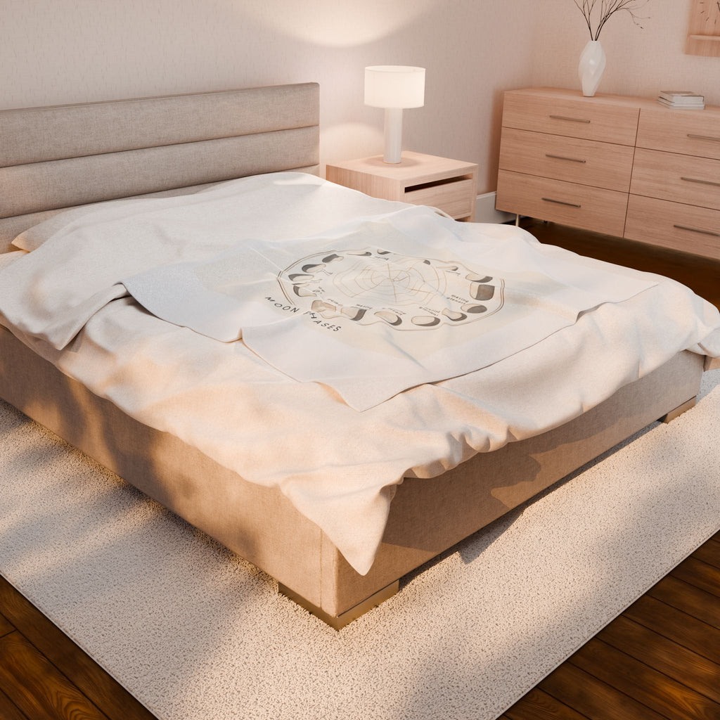 Moon Phases Velveteen Plush Blanket — Lunar Cycle Chart Throw for Astrology Lovers