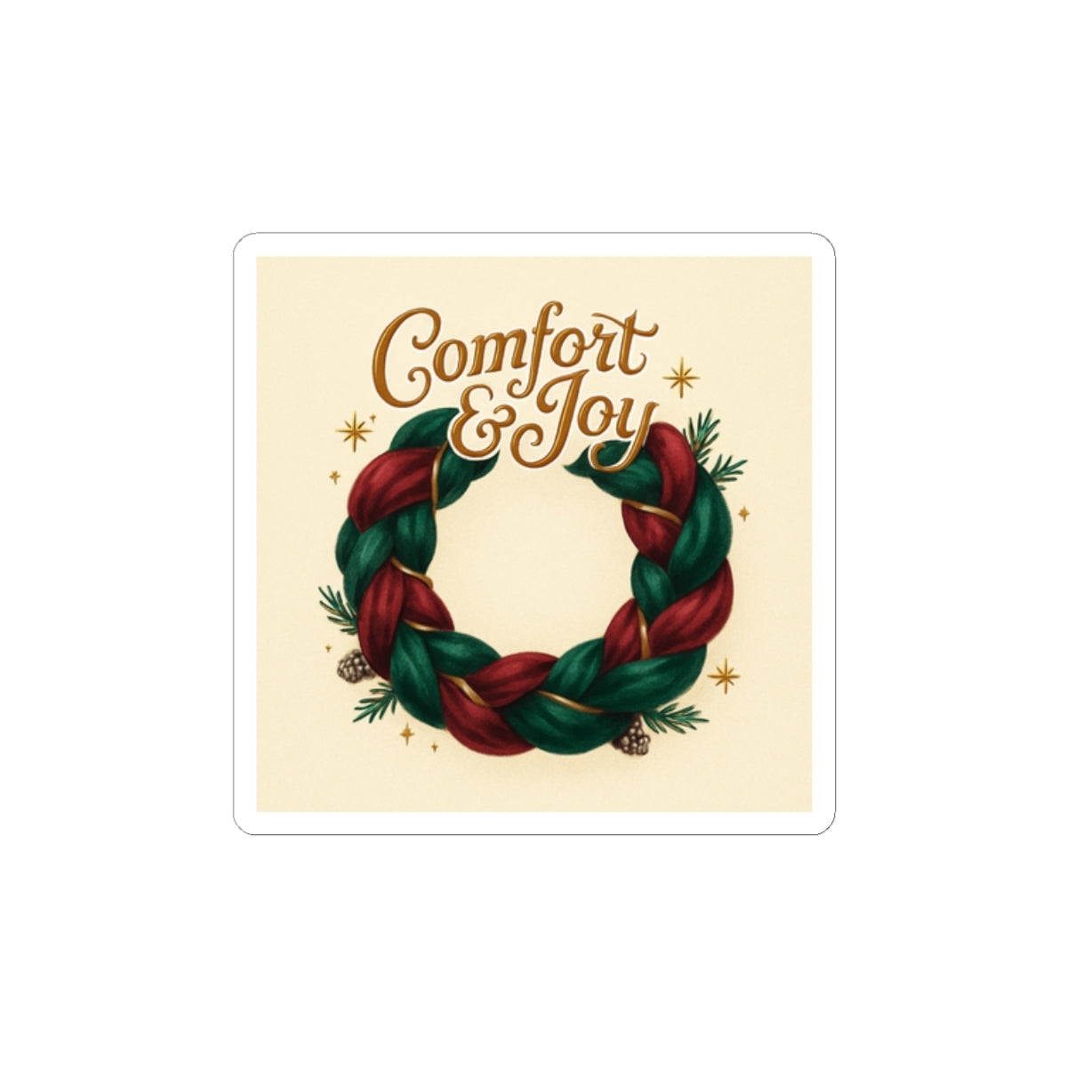 Comfort & Joy Wreath Sticker — Holiday Kiss-Cut Vinyl Sticker