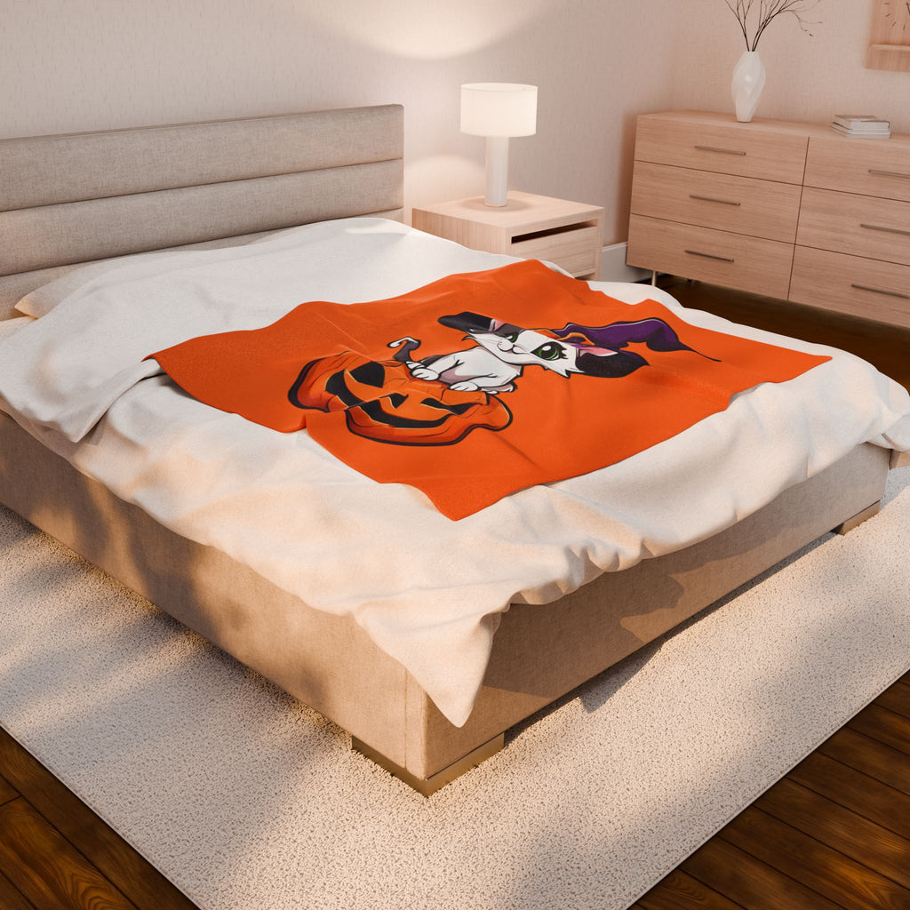 Halloween Cat Plush Blanket, Cozy Décor, Gift for Cat Lovers, Fall Home Essentials, Pumpkin Spice Vibes, Soft Throw