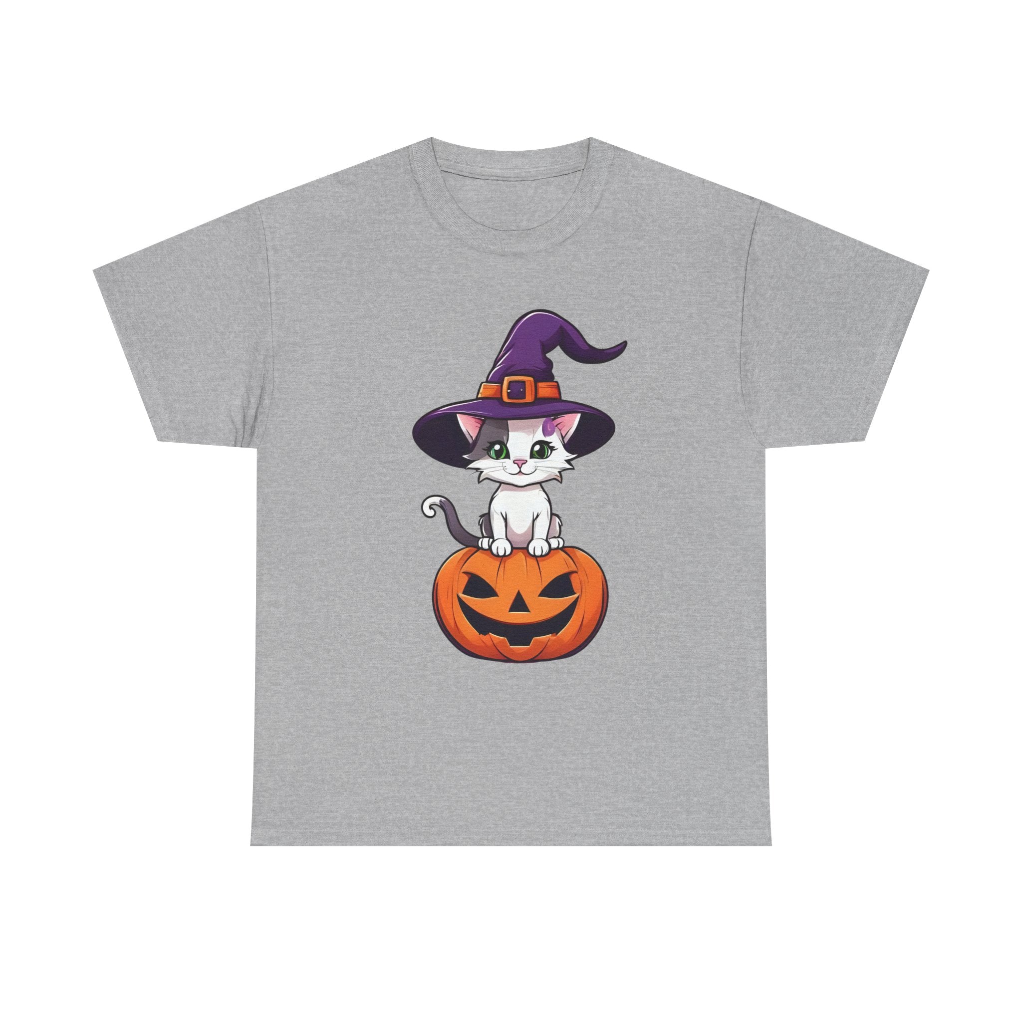 Halloween Kitten Tee, Witch Hat Cat Shirt, Pumpkin Cartoon Tshirt, Fall Season Unisex Top, Spooky Graphic Tee, Cute Animal Costume Apparel