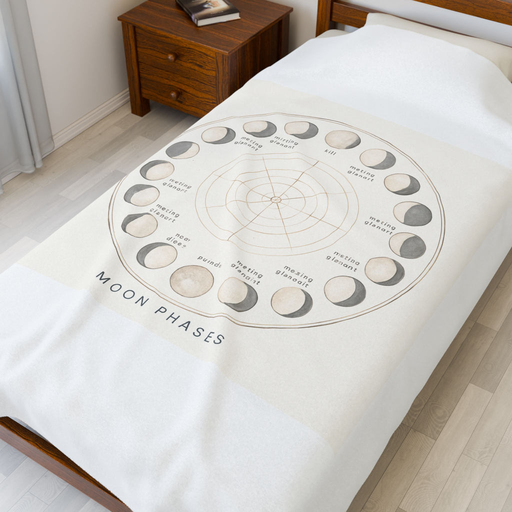 Moon Phases Velveteen Plush Blanket — Lunar Cycle Chart Throw for Astrology Lovers