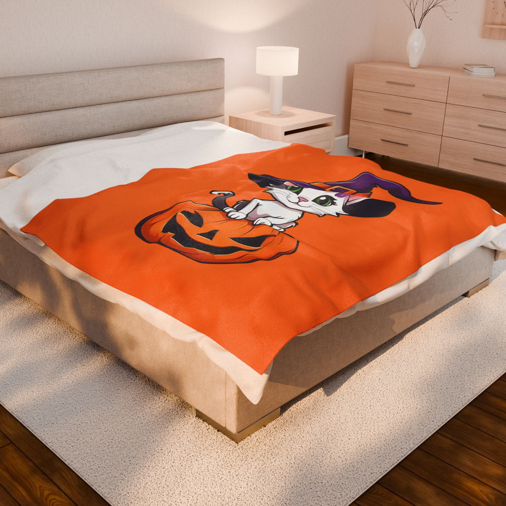 Halloween Cat Plush Blanket, Cozy Décor, Gift for Cat Lovers, Fall Home Essentials, Pumpkin Spice Vibes, Soft Throw