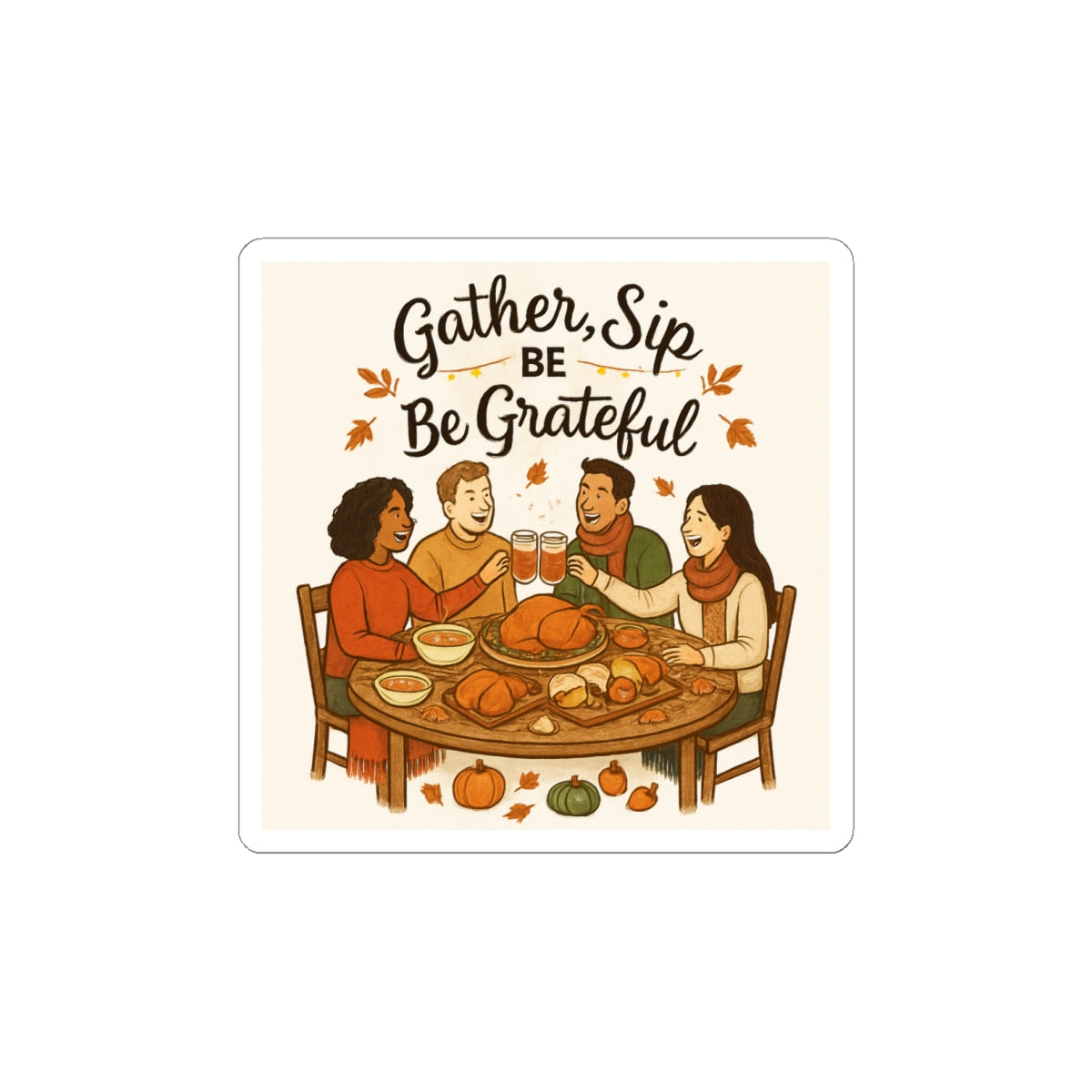 Gather, Sip & Be Grateful Thanksgiving Sticker — Fall Friendsgiving Dinner Kiss-Cut