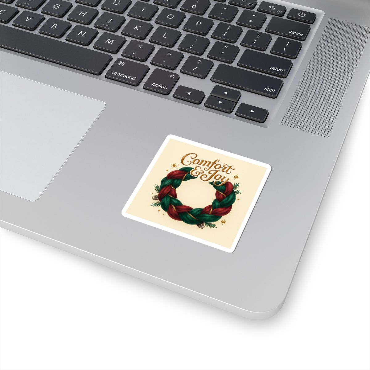 Comfort & Joy Wreath Sticker — Holiday Kiss-Cut Vinyl Sticker