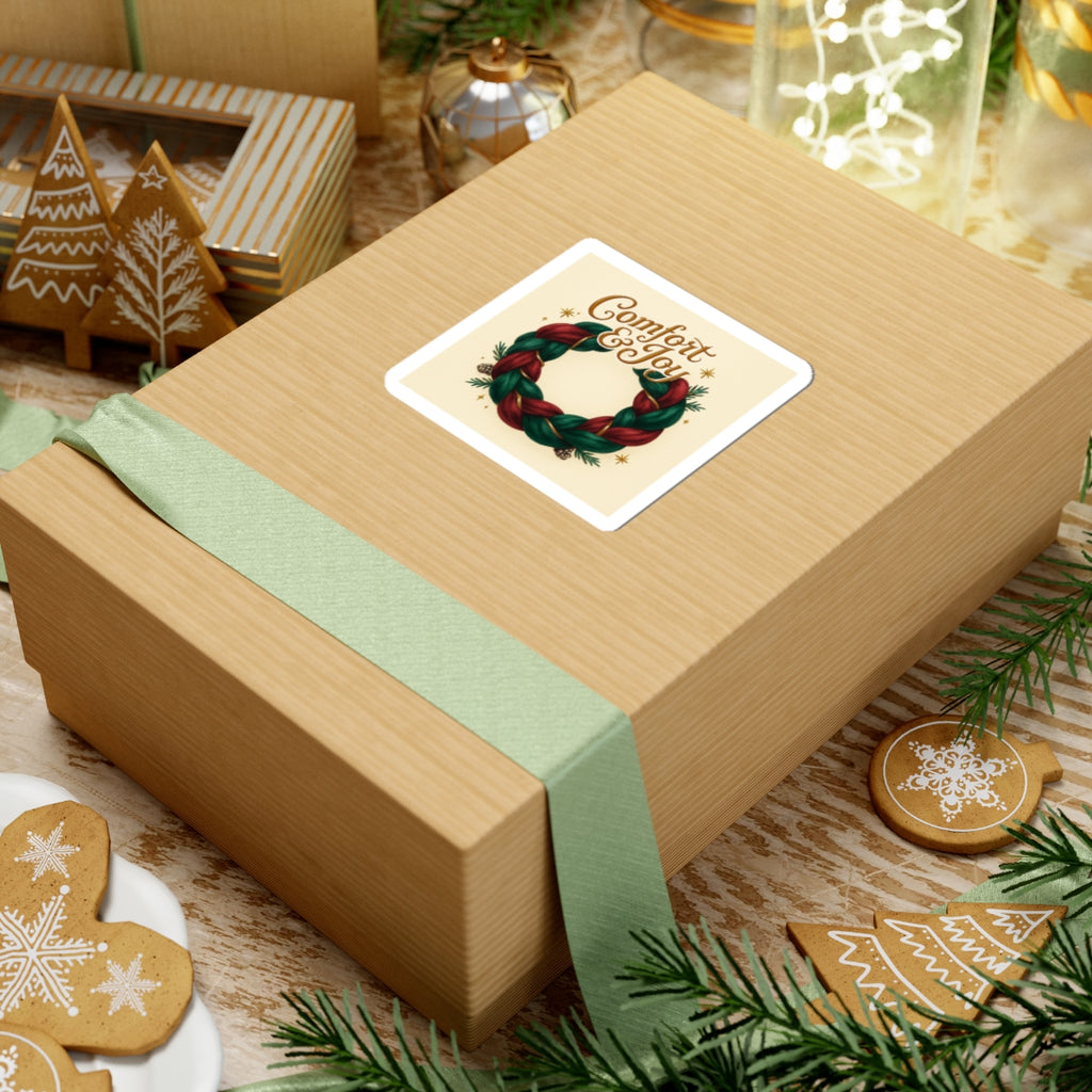 Comfort & Joy Wreath Sticker — Holiday Kiss-Cut Vinyl Sticker