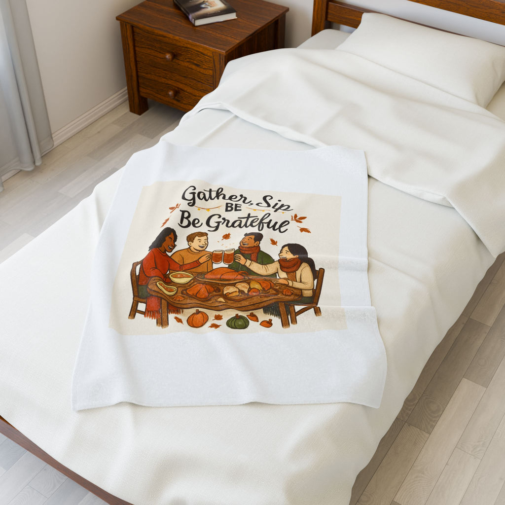 Thanksgiving Velveteen Plush Blanket — "Gather, Sip, Be Grateful" Cozy Holiday Throw