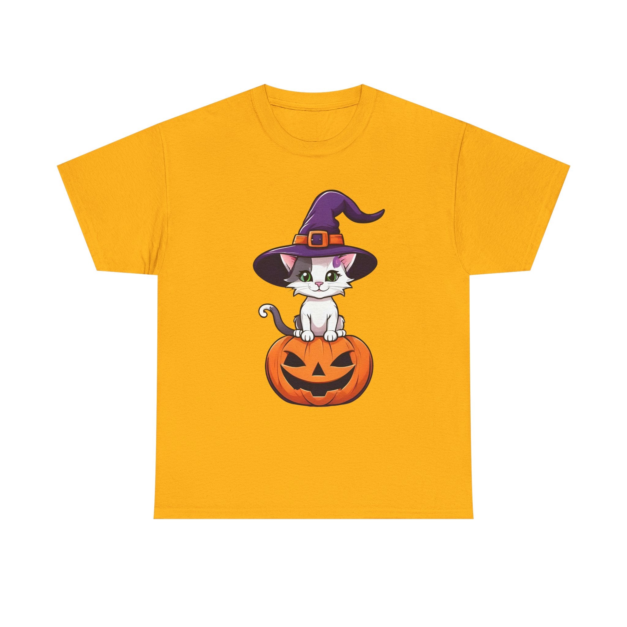 Halloween Kitten Tee, Witch Hat Cat Shirt, Pumpkin Cartoon Tshirt, Fall Season Unisex Top, Spooky Graphic Tee, Cute Animal Costume Apparel