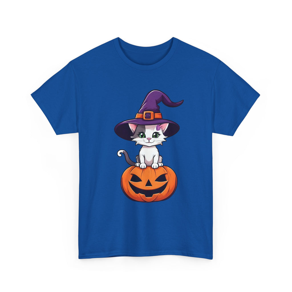 Halloween Kitten Tee, Witch Hat Cat Shirt, Pumpkin Cartoon Tshirt, Fall Season Unisex Top, Spooky Graphic Tee, Cute Animal Costume Apparel