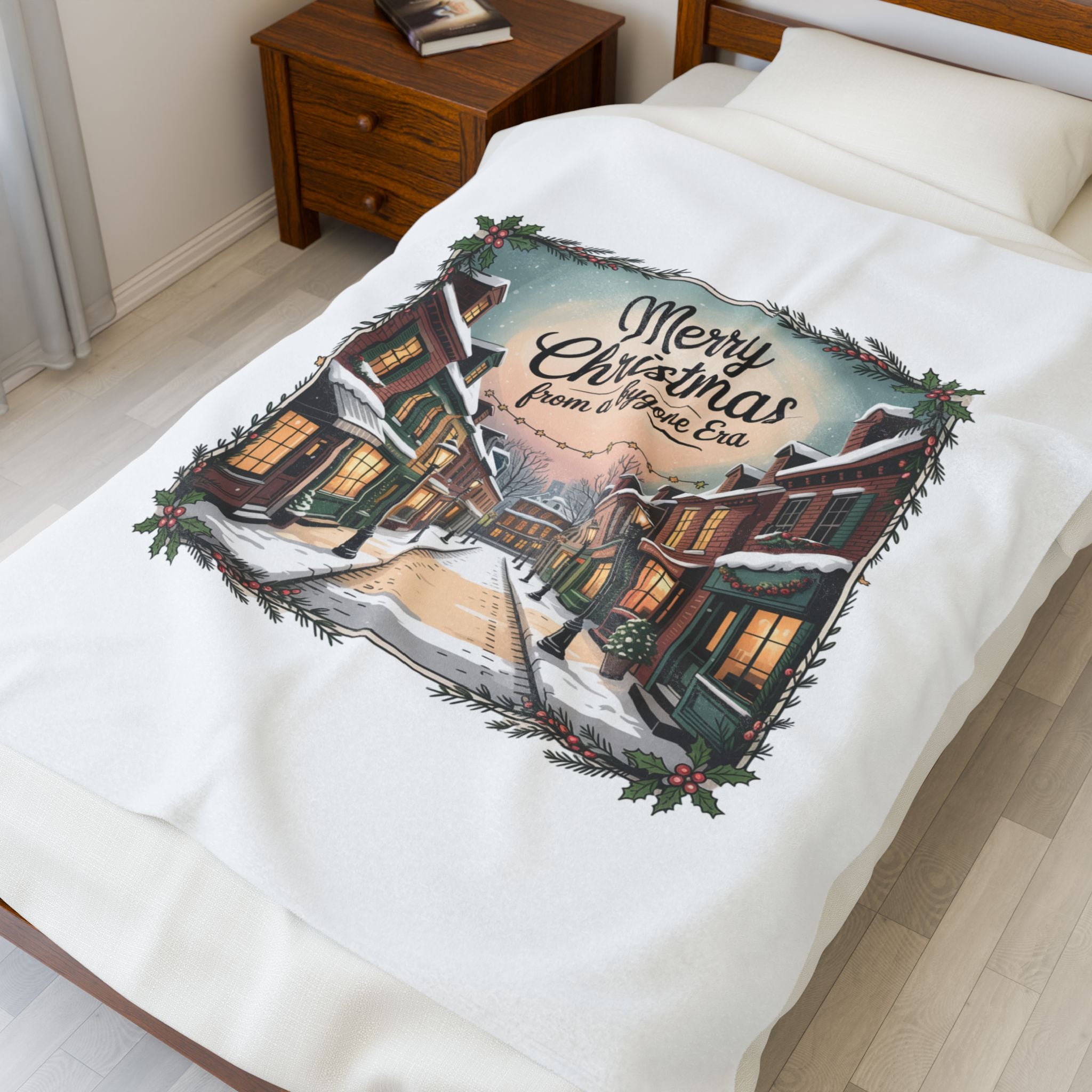 Vintage Christmas Postcard Velveteen Blanket | Retro Holiday Card Design