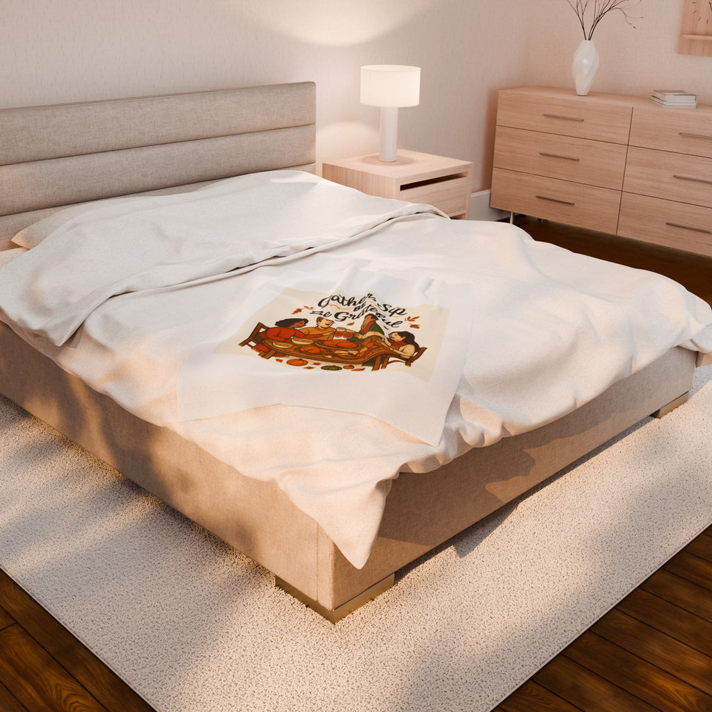 Thanksgiving Velveteen Plush Blanket — "Gather, Sip, Be Grateful" Cozy Holiday Throw