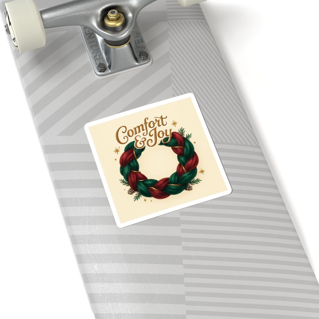 Comfort & Joy Wreath Sticker — Holiday Kiss-Cut Vinyl Sticker