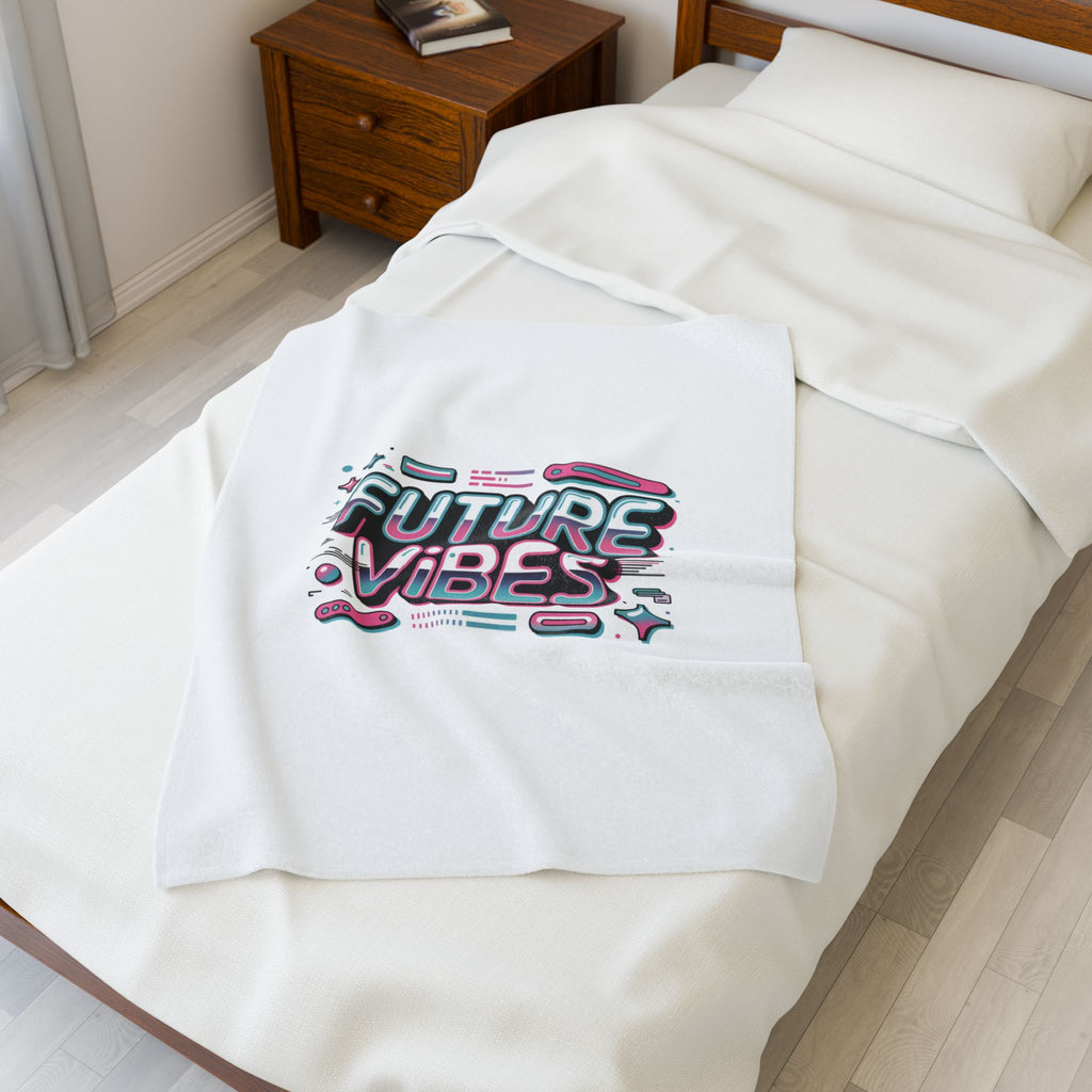 Future Vibes Velveteen Blanket | Y2K cyber holo retro tech chrome text