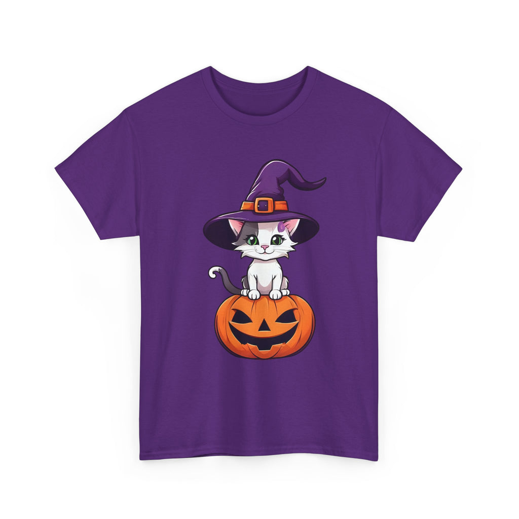 Halloween Kitten Tee, Witch Hat Cat Shirt, Pumpkin Cartoon Tshirt, Fall Season Unisex Top, Spooky Graphic Tee, Cute Animal Costume Apparel