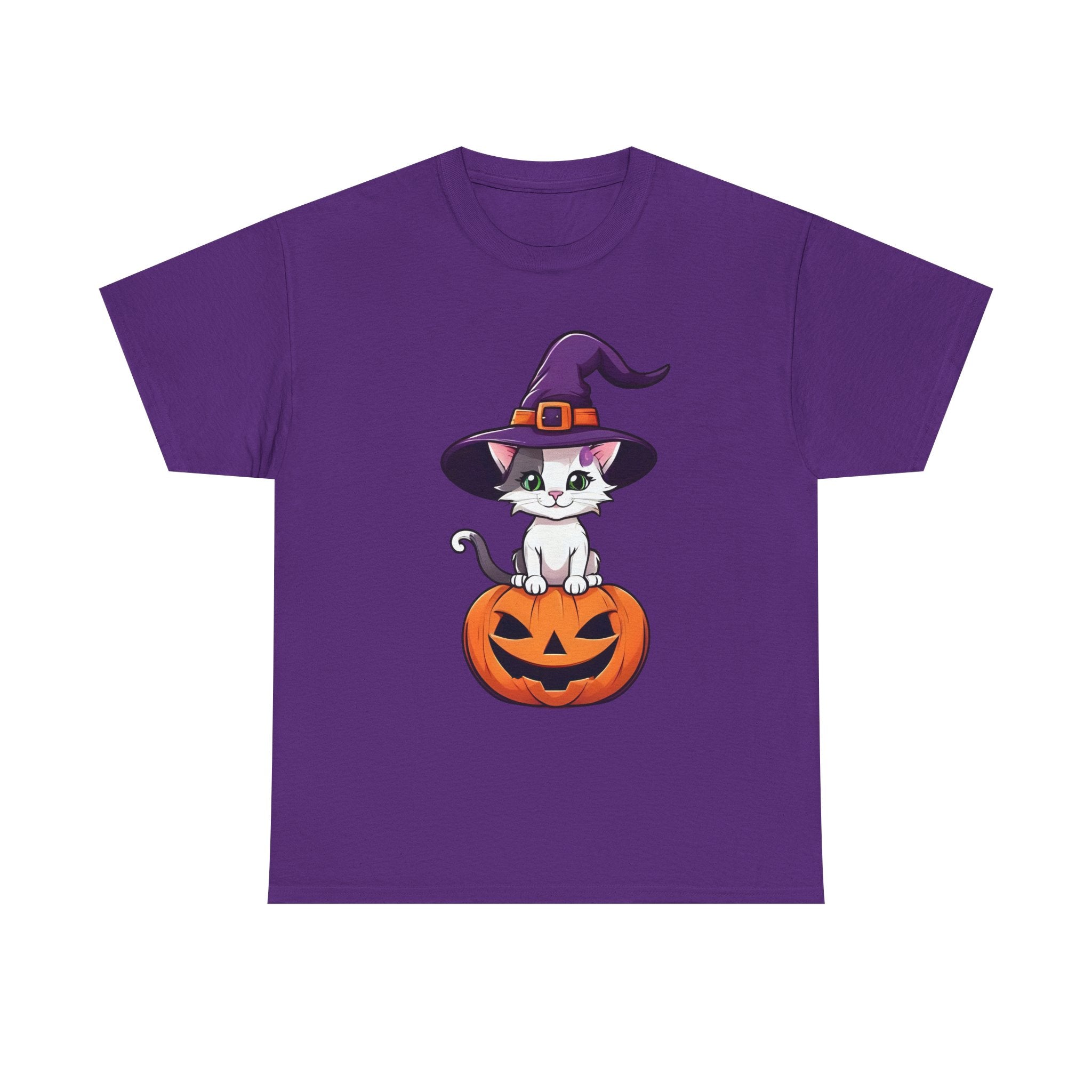 Halloween Kitten Tee, Witch Hat Cat Shirt, Pumpkin Cartoon Tshirt, Fall Season Unisex Top, Spooky Graphic Tee, Cute Animal Costume Apparel