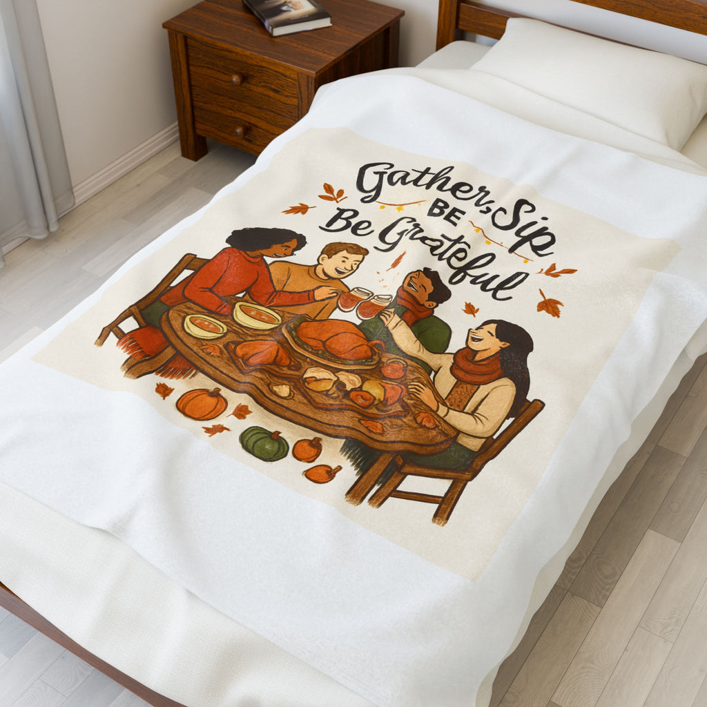 Thanksgiving Velveteen Plush Blanket — "Gather, Sip, Be Grateful" Cozy Holiday Throw